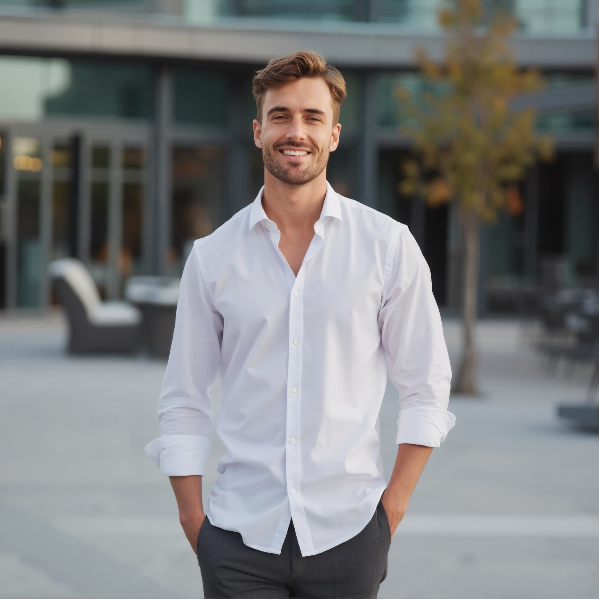 Long sleeve shirt mockup a man smiles with hands in pockets outdoor scene