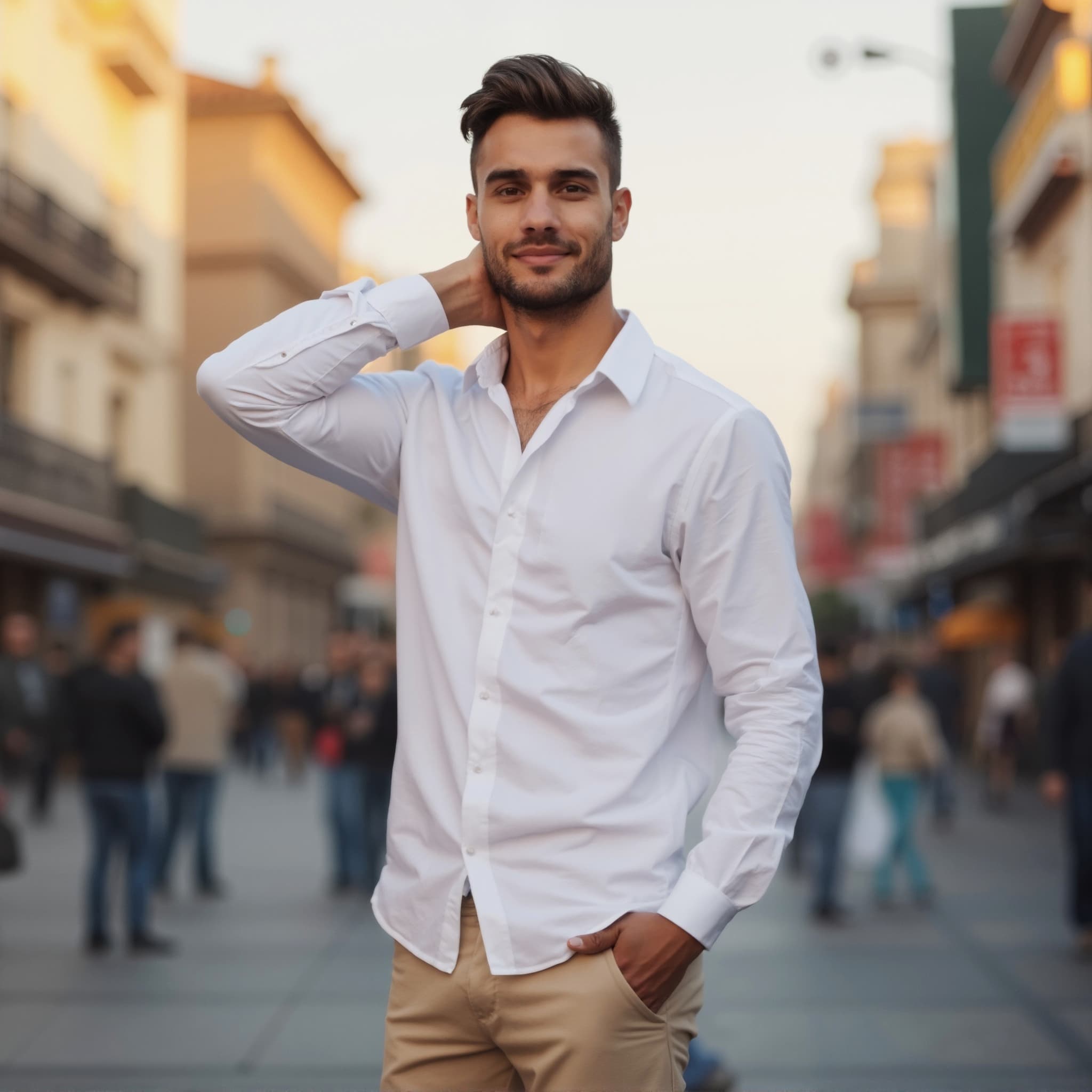 Long sleeve shirt mockup a man smiles with one hand on his neck in a busy street