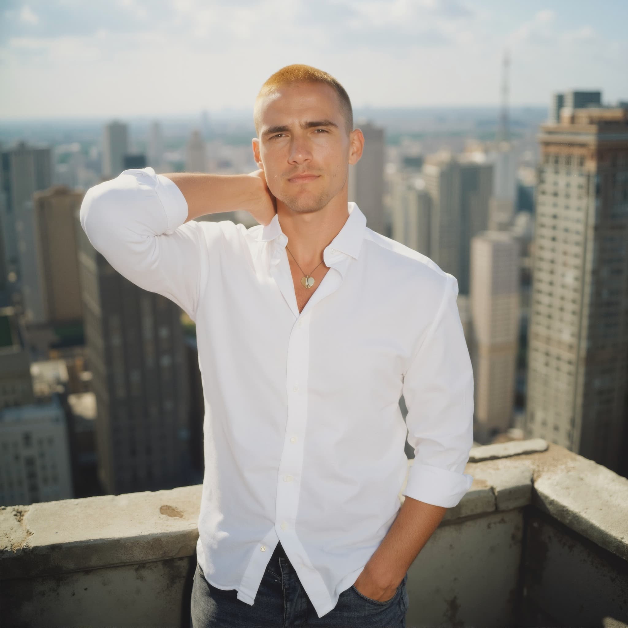 Long sleeve shirt mockup a man poses with a hand on his neck skyline view