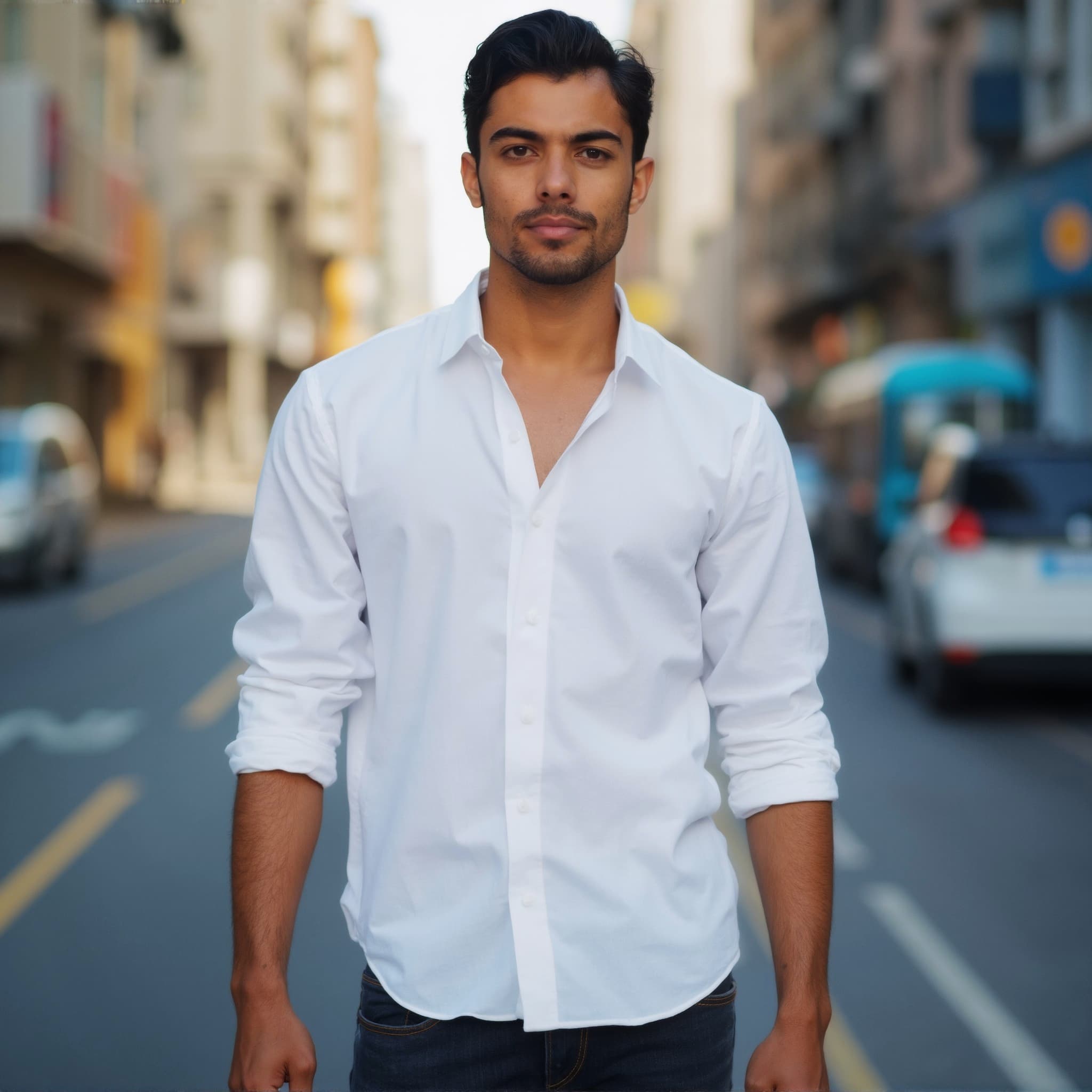 Long sleeve shirt mockup a man stands confidently on a busy street