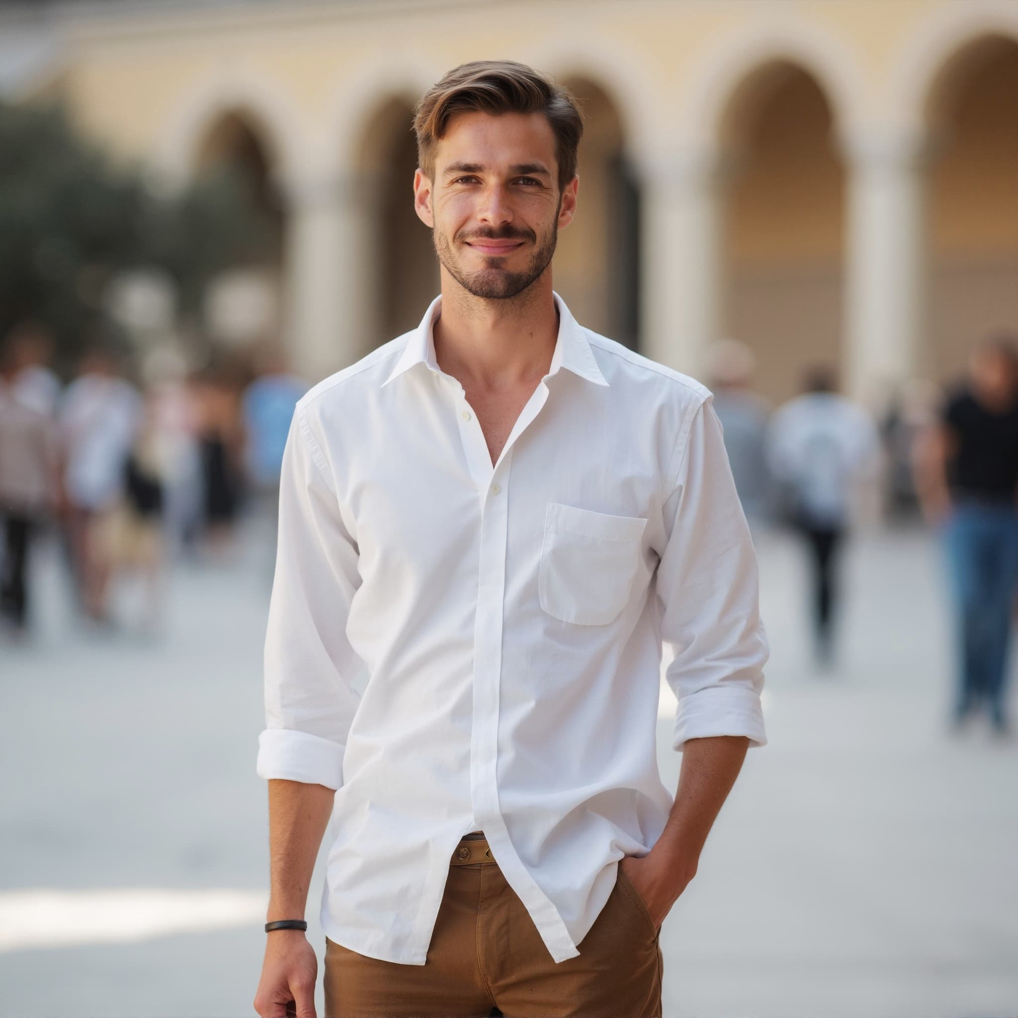 Long sleeve shirt mockup a man stands with a hand inside pocket in a busy street