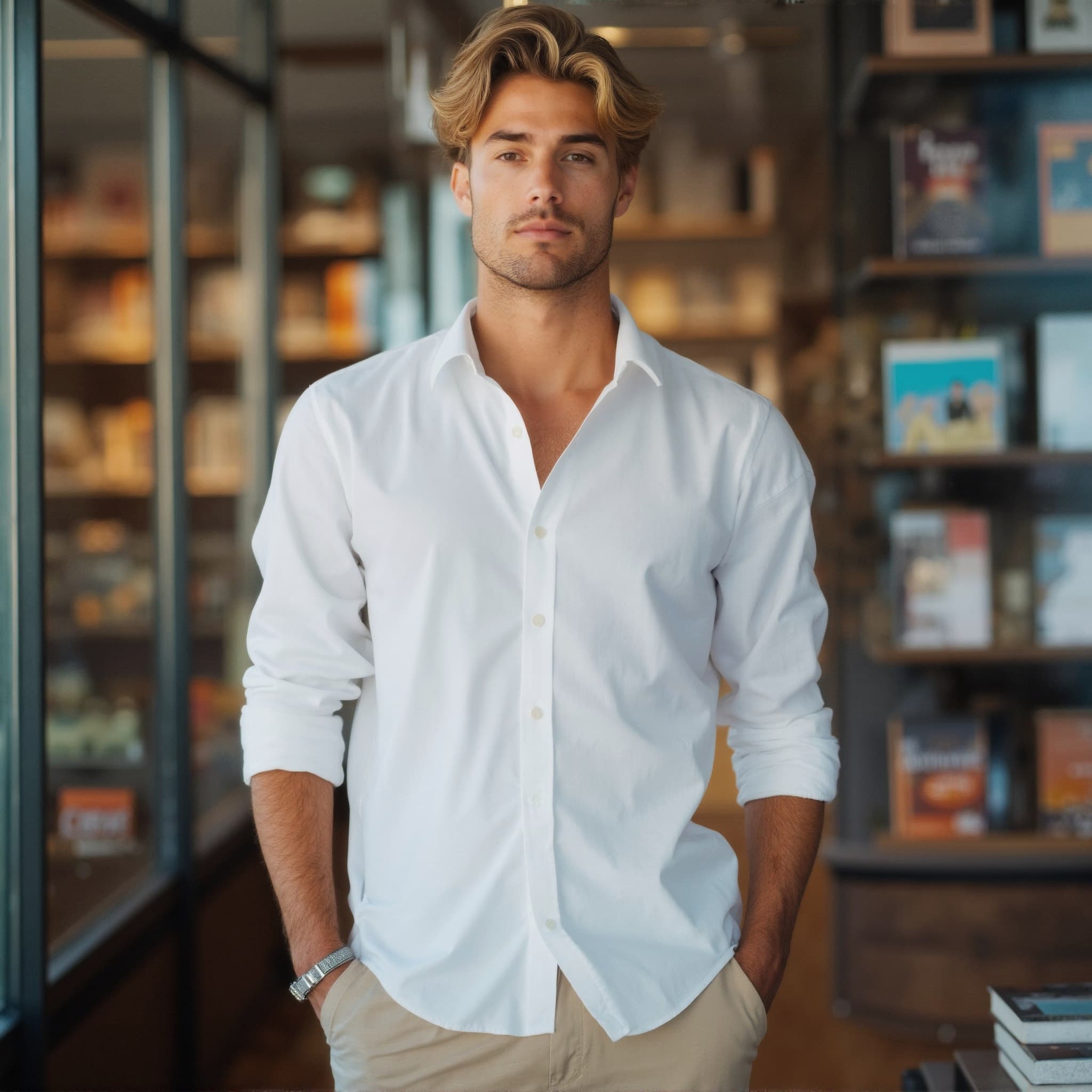 Long sleeve shirt mockup a man stands with arms crossed in a bookstore
