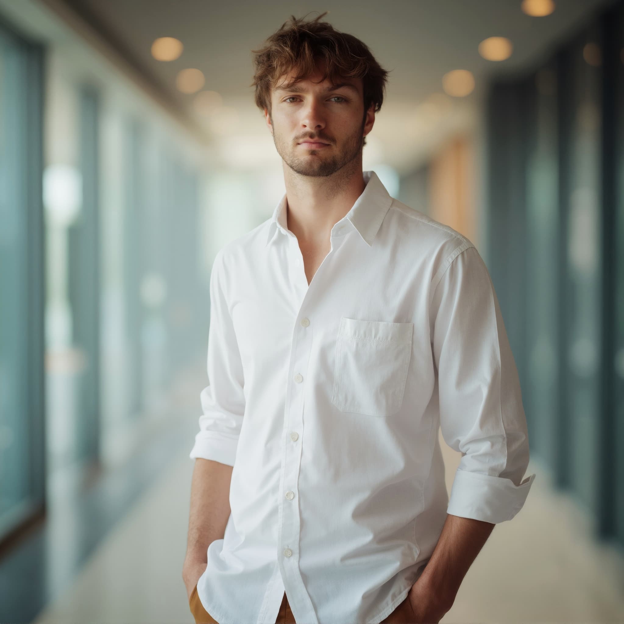 Long sleeve shirt mockup a man stands with hands in pockets a modern hallway