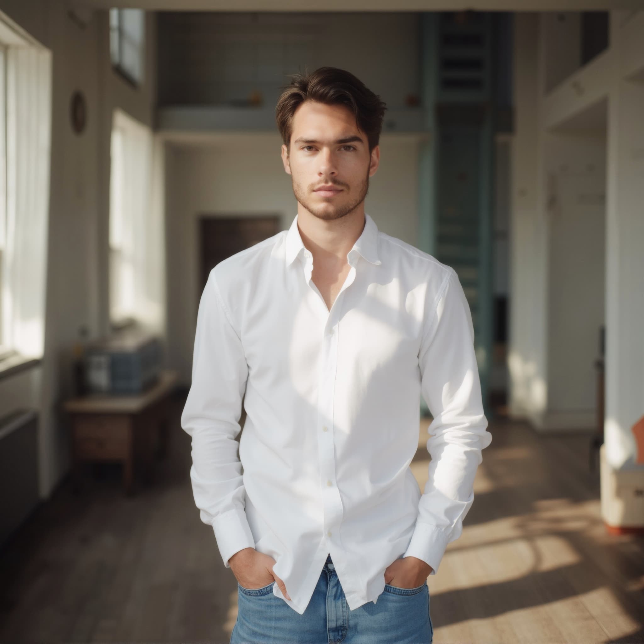 Long sleeve shirt mockup a man stands with hands in pockets in a bright room