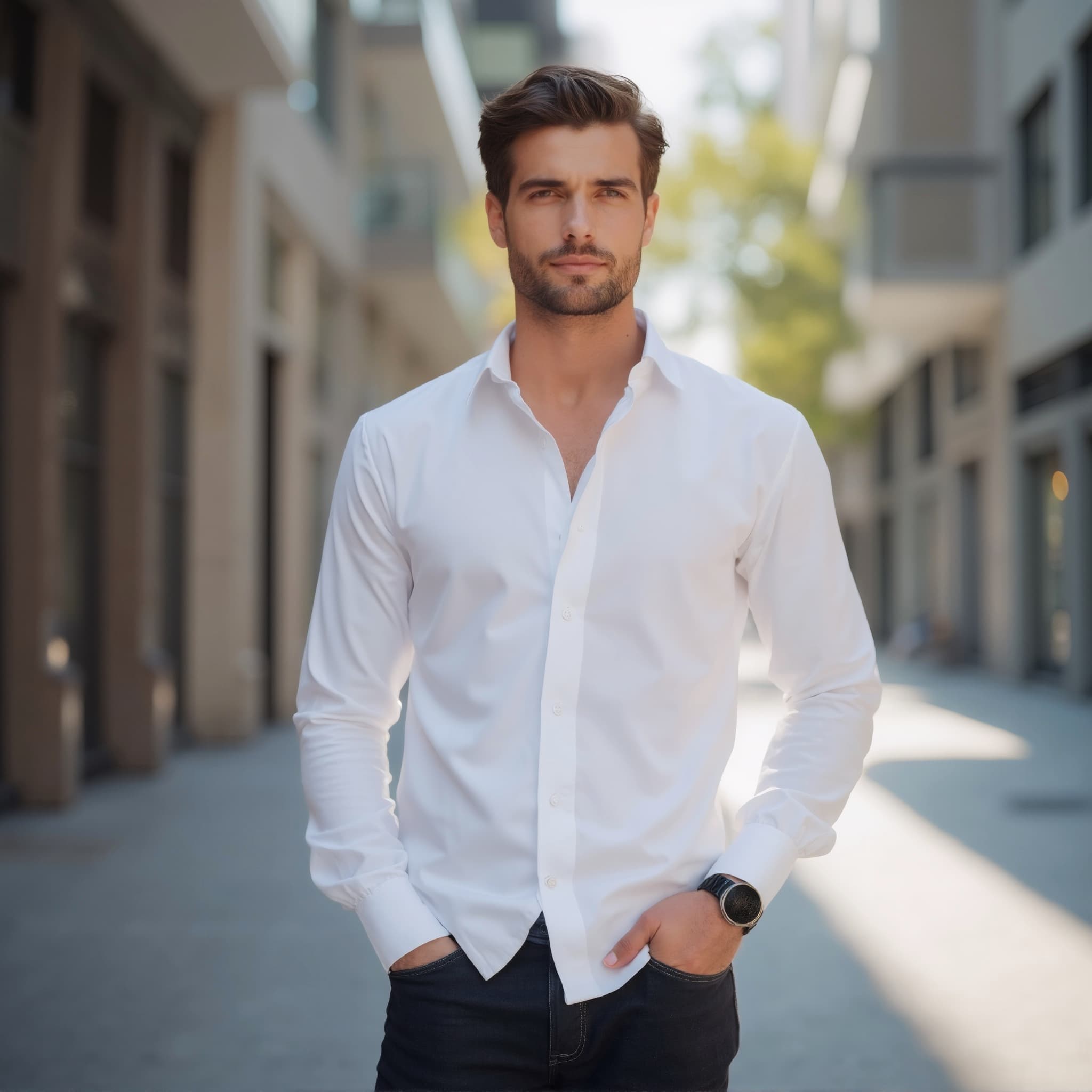 Long sleeve shirt mockup a man stands with hands in pockets in a city street 01