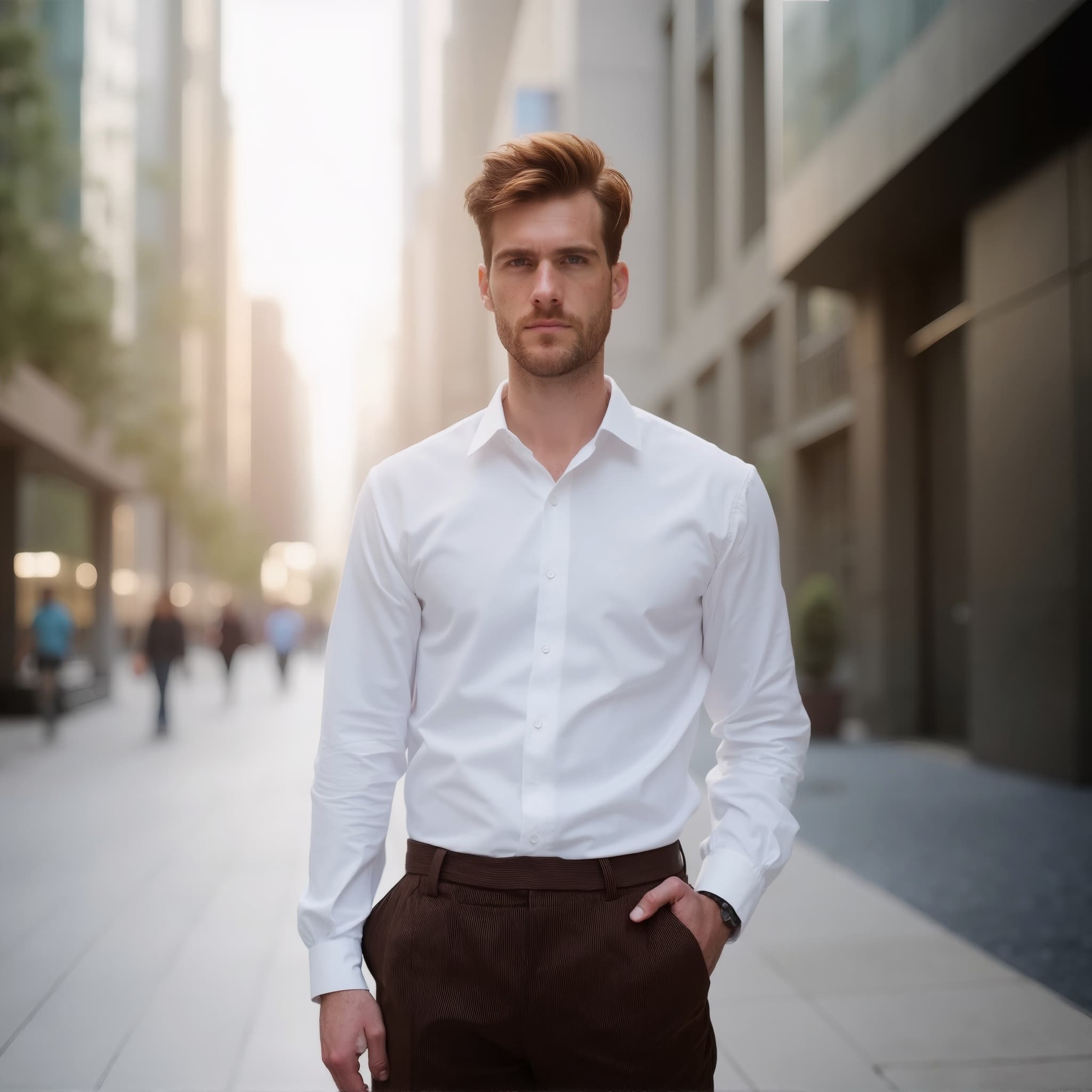 Long sleeve shirt mockup a man stands with hands in pockets in a city street 1