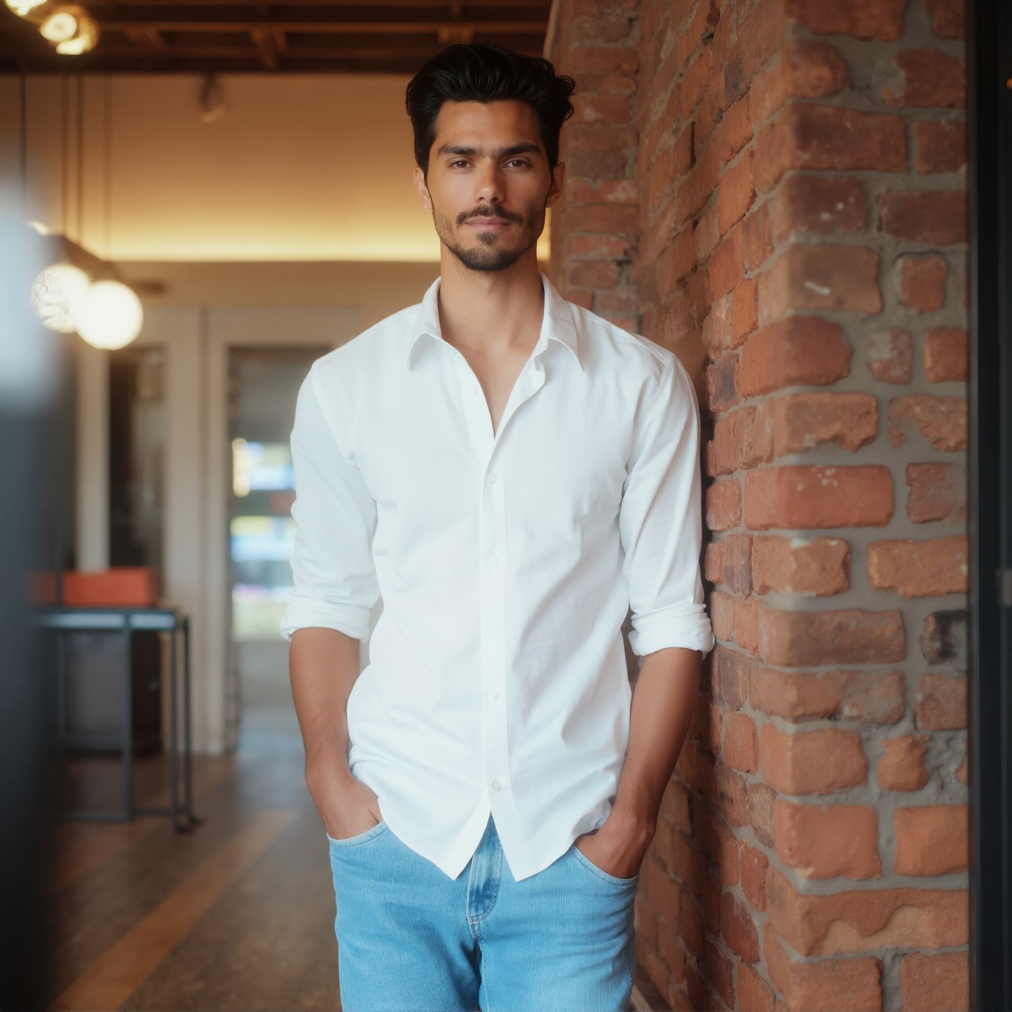 Long sleeve shirt mockup a man poses with hands in pockets in a modern interior