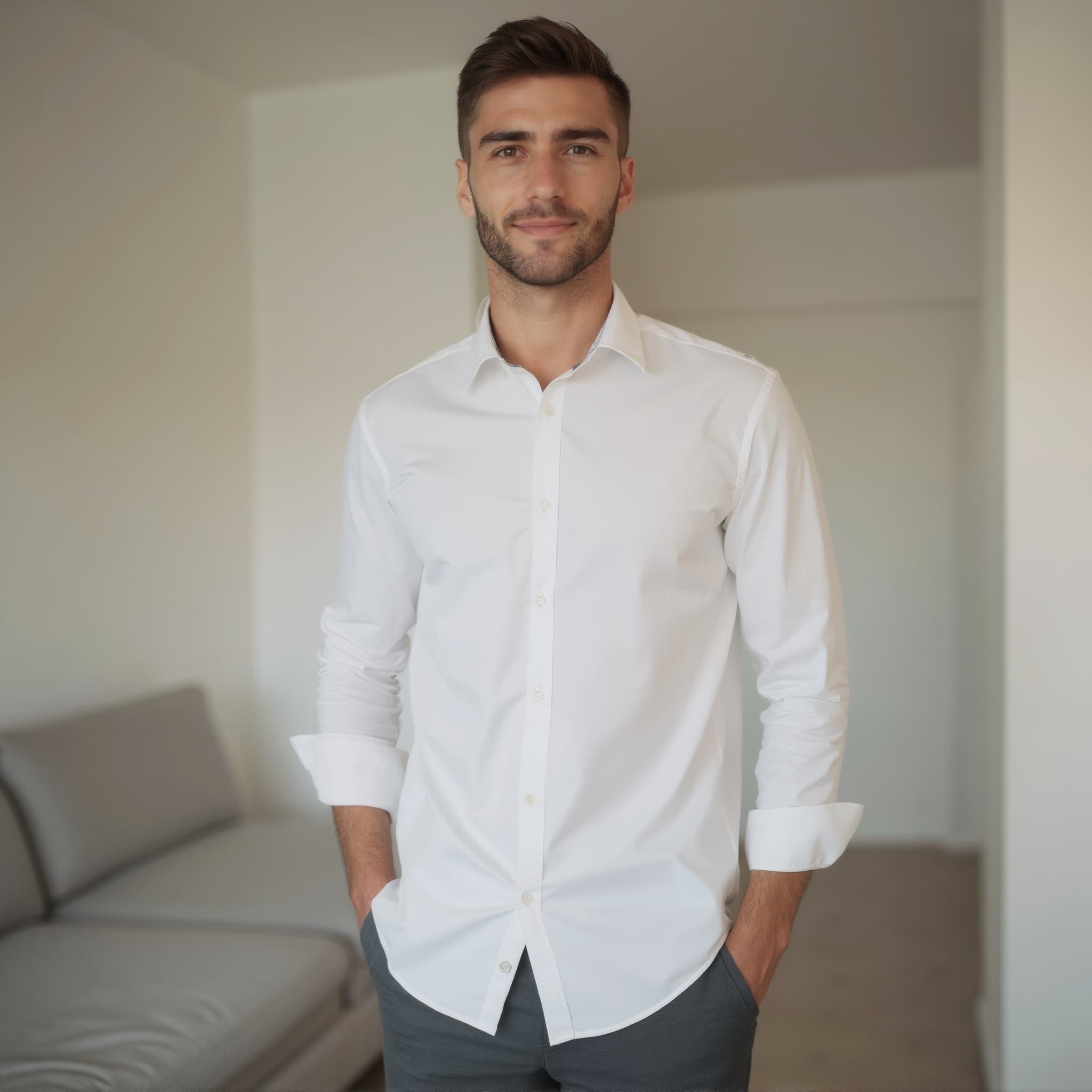 Long sleeve shirt mockup a man stands with hands in pockets in a living room 01