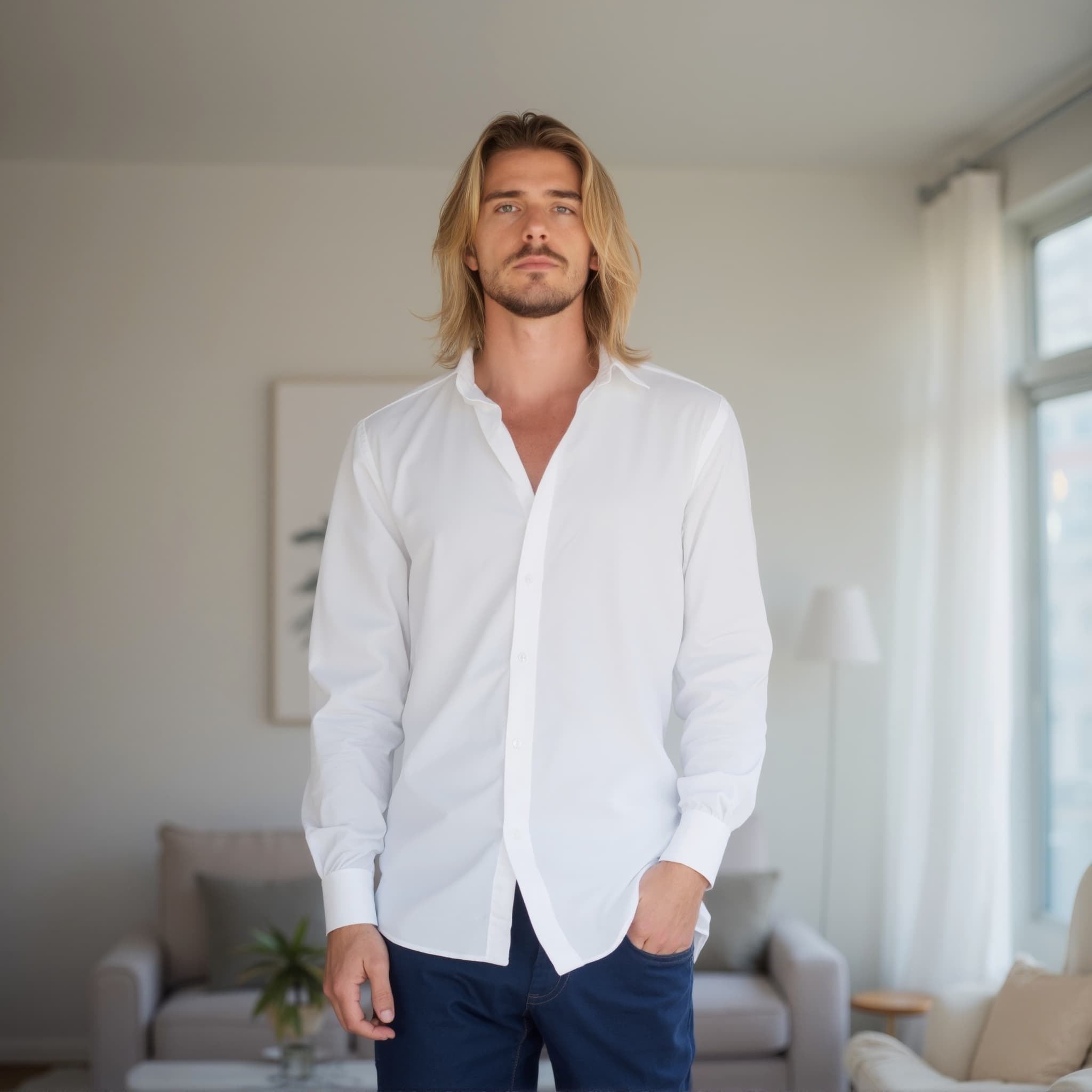 Long sleeve shirt mockup a man stands with hands in pockets in a living room 02