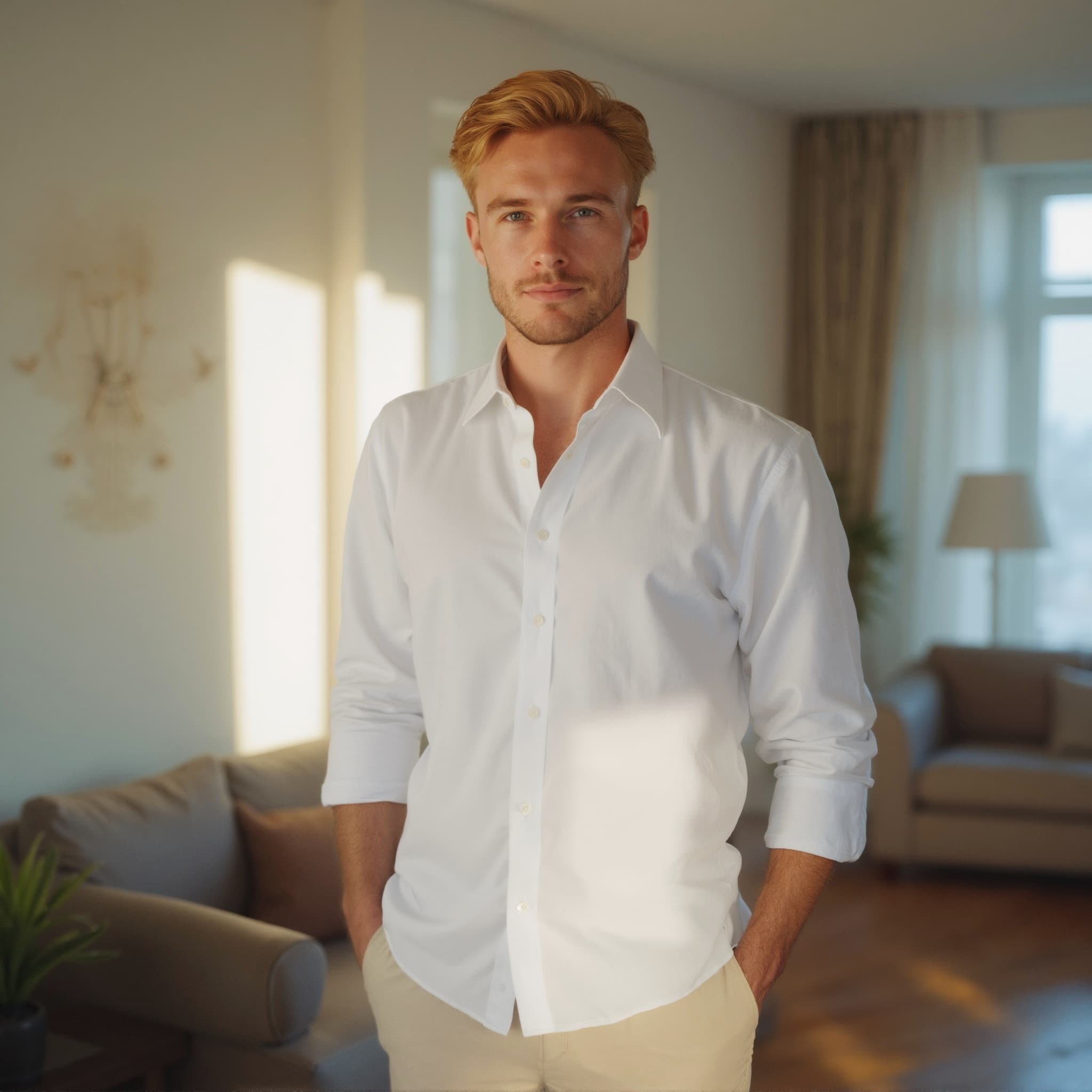 Long sleeve shirt mockup a man stands with hands in pockets in a living room