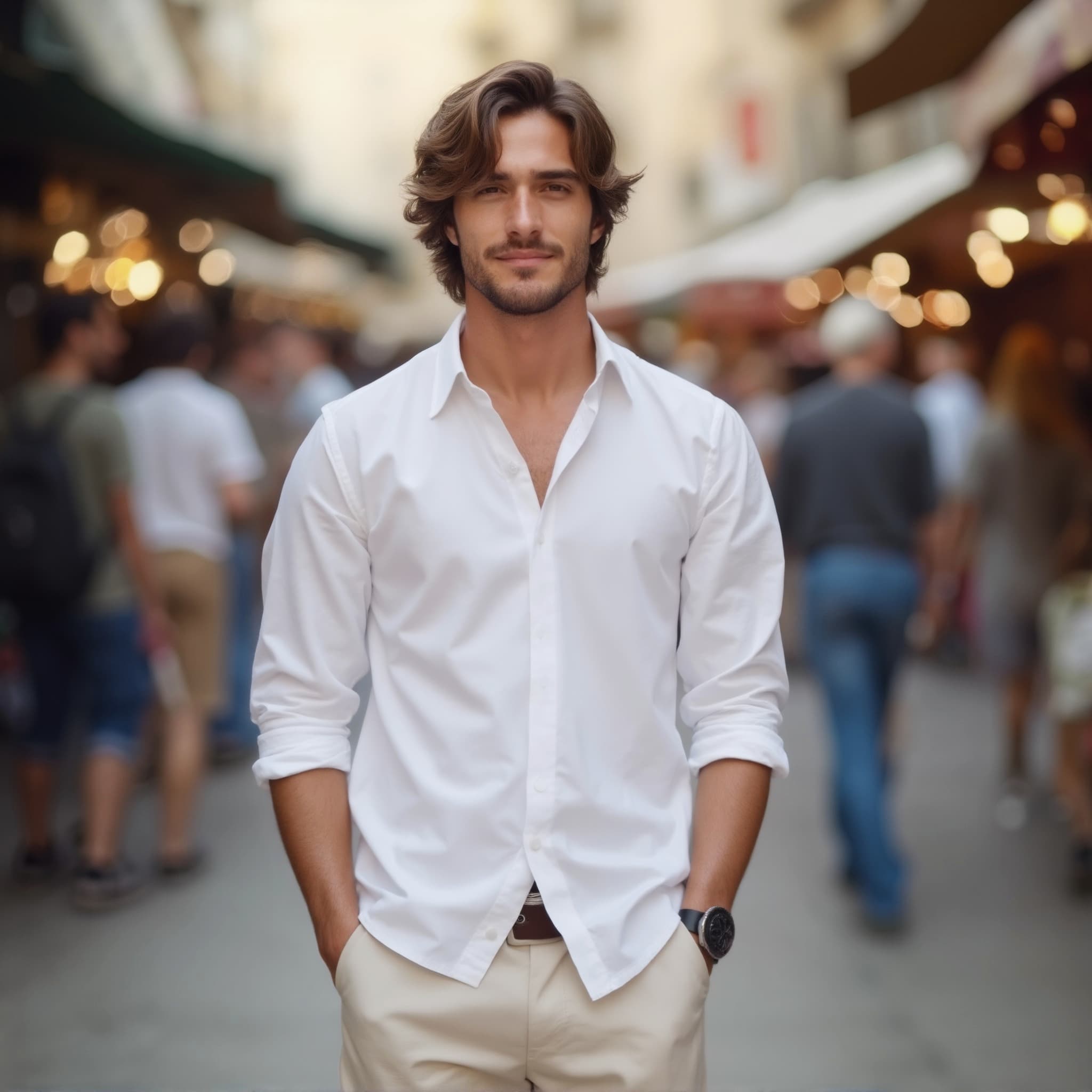 Long sleeve shirt mockup a man stands with hands in pockets in a market street