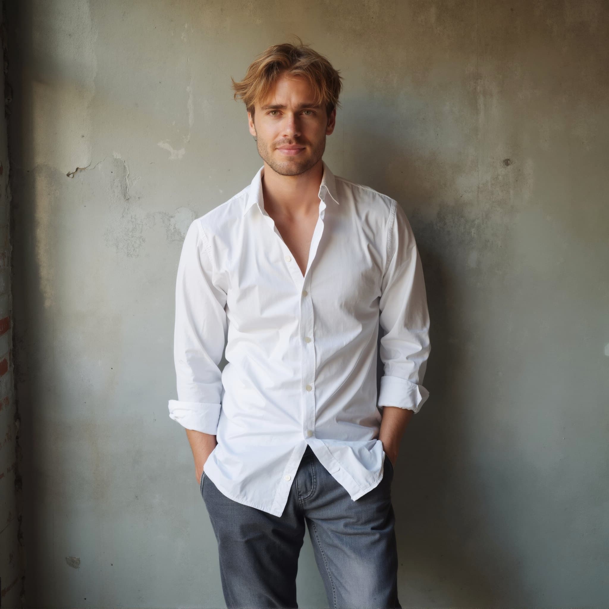 Long sleeve shirt mockup a man stands with hands in pockets in a minimalistic room