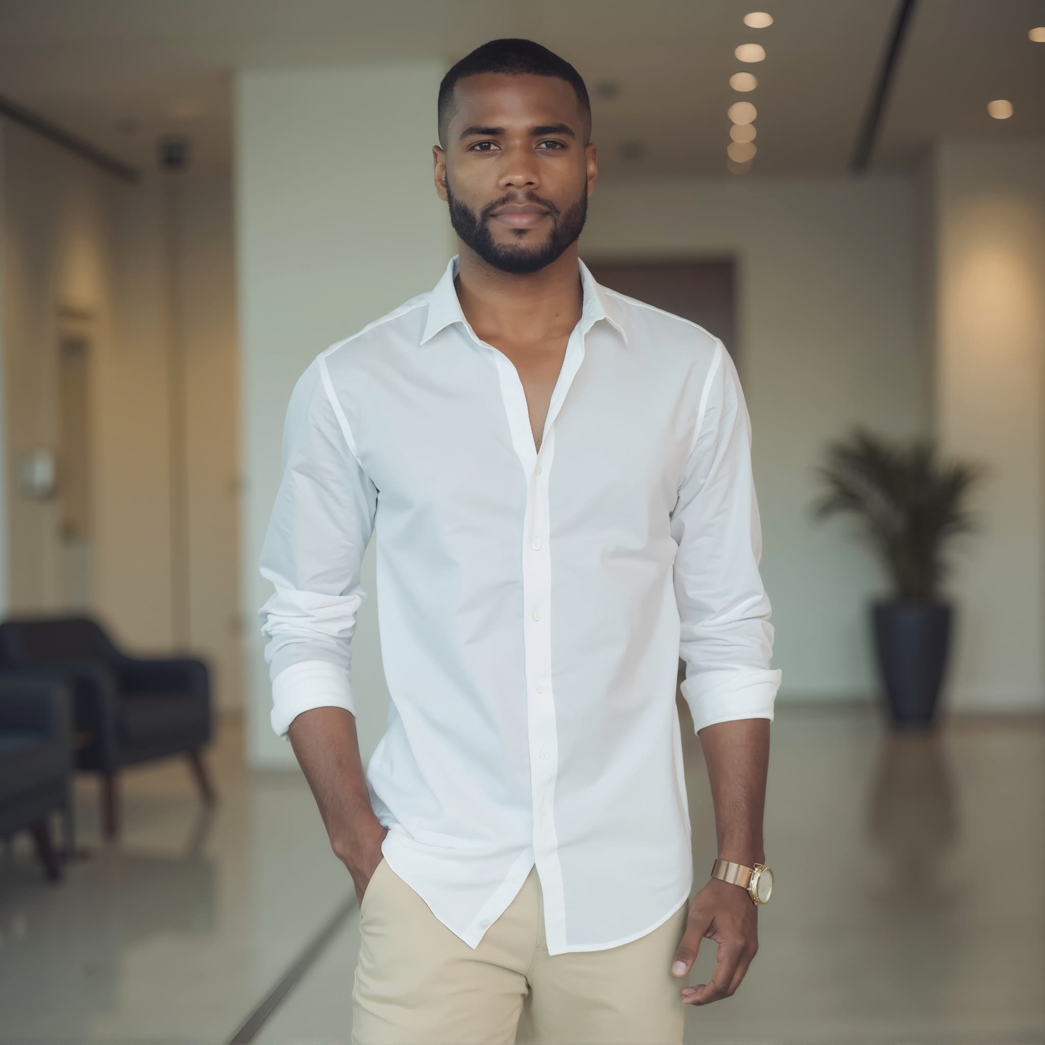Long sleeve shirt mockup a man stands with hands in pockets in a modern setting