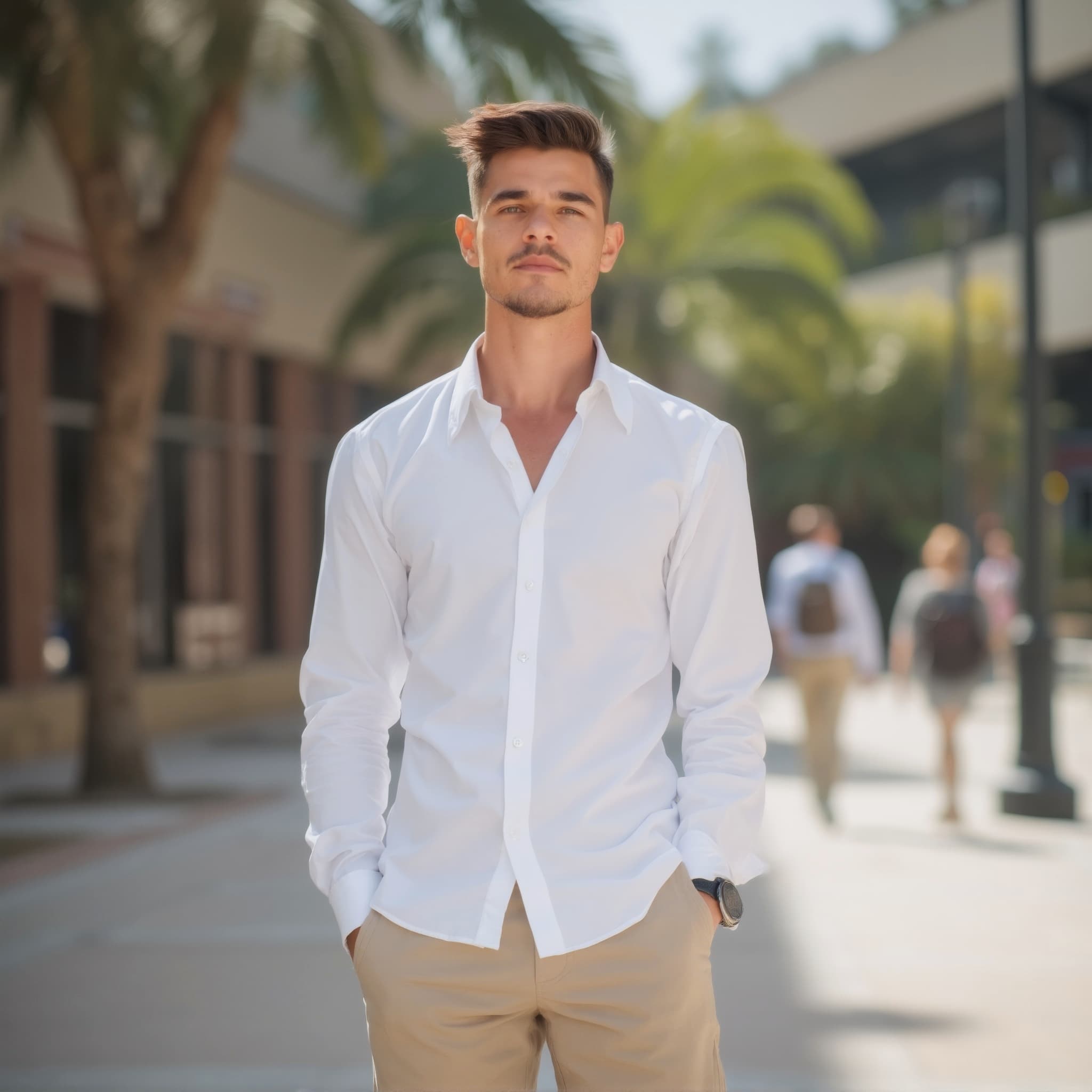 Long sleeve shirt mockup a man stands with hands in pockets in a plaza