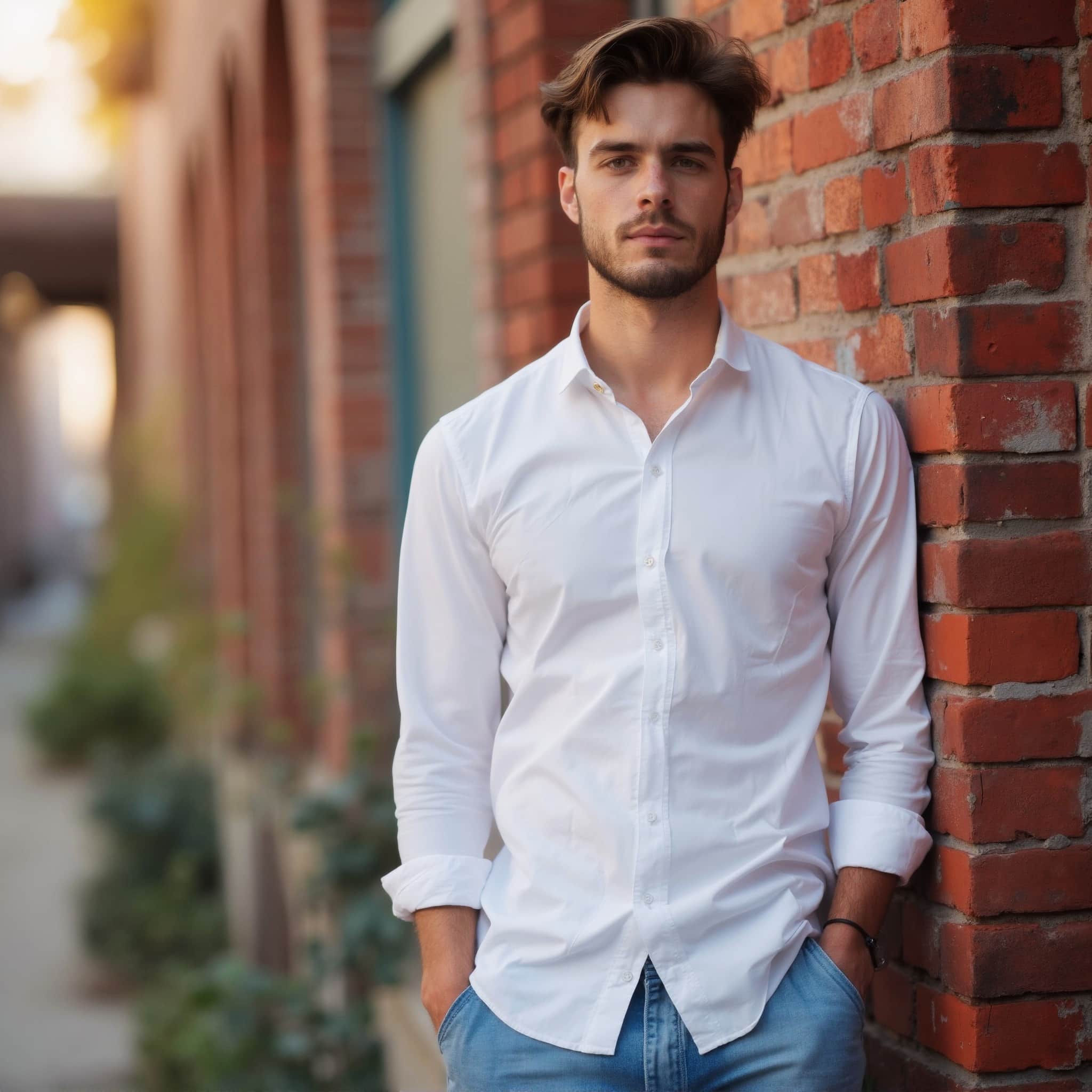 Long sleeve shirt mockup a man stands with hands in pockets in an alley