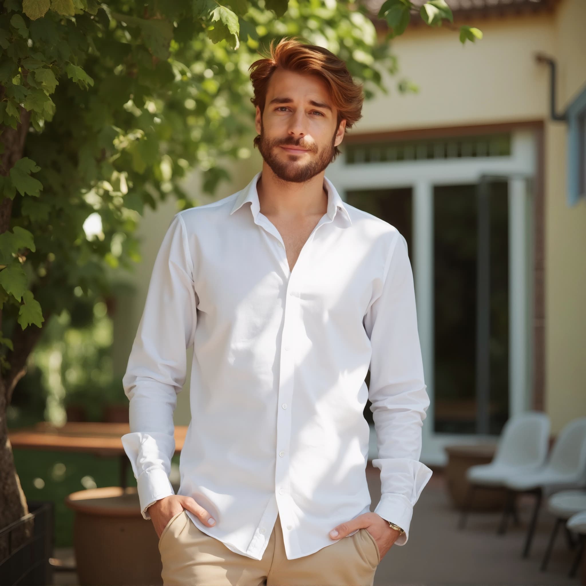 Long sleeve shirt mockup a man poses with hands in pockets outdoor setting