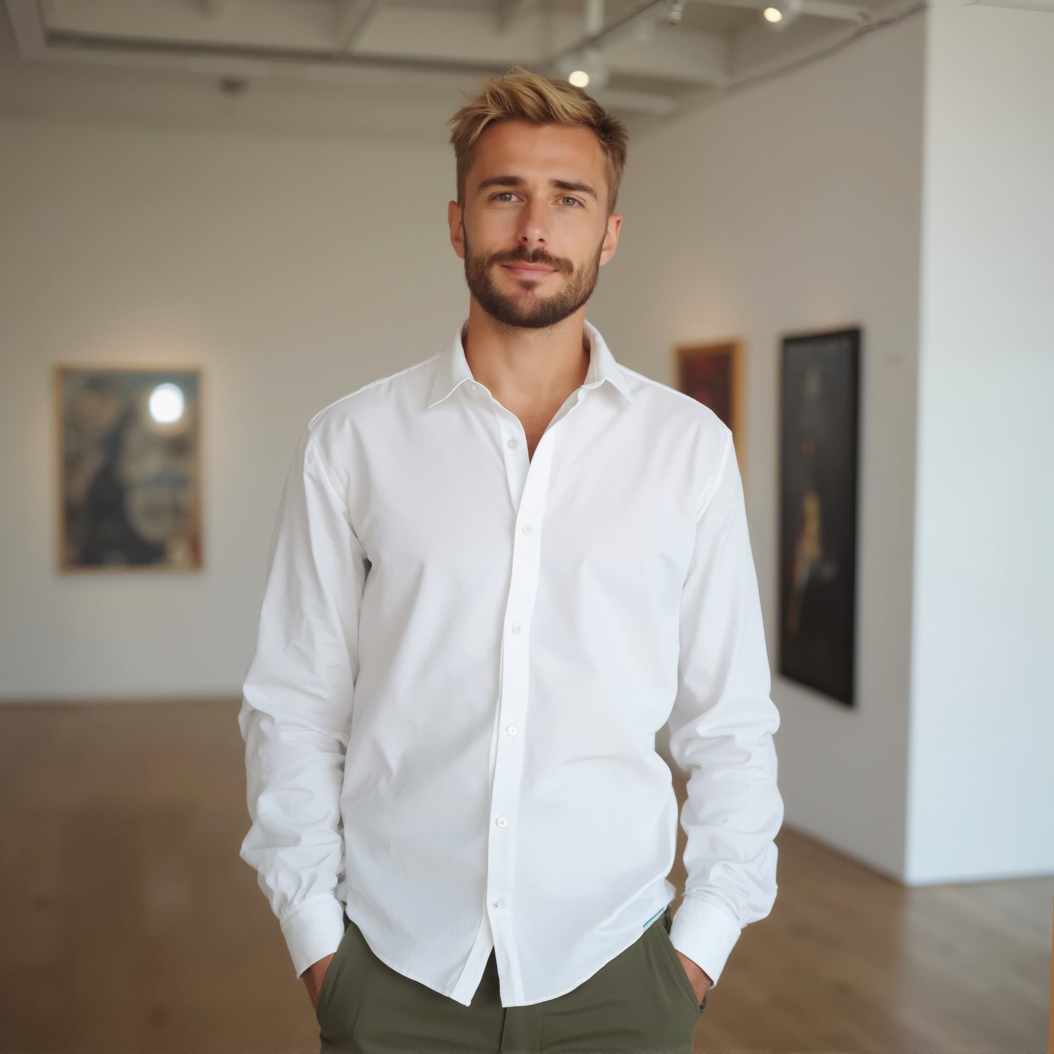 Long sleeve shirt mockup a man stands with hands in pockets in an art gallery