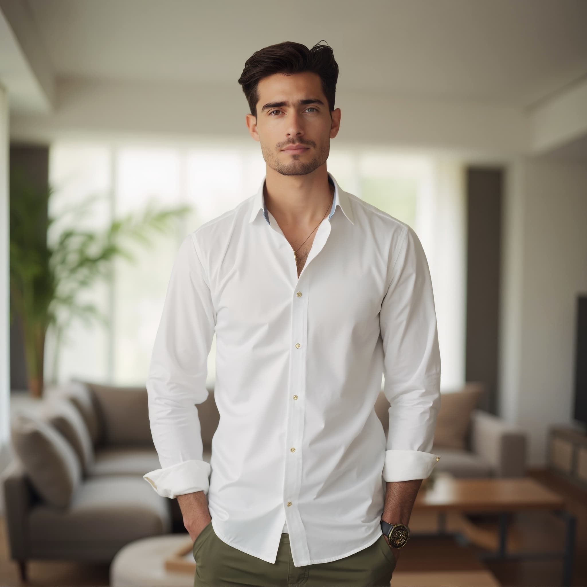 Long sleeve shirt mockup a man stands with hands in pockets living room 01
