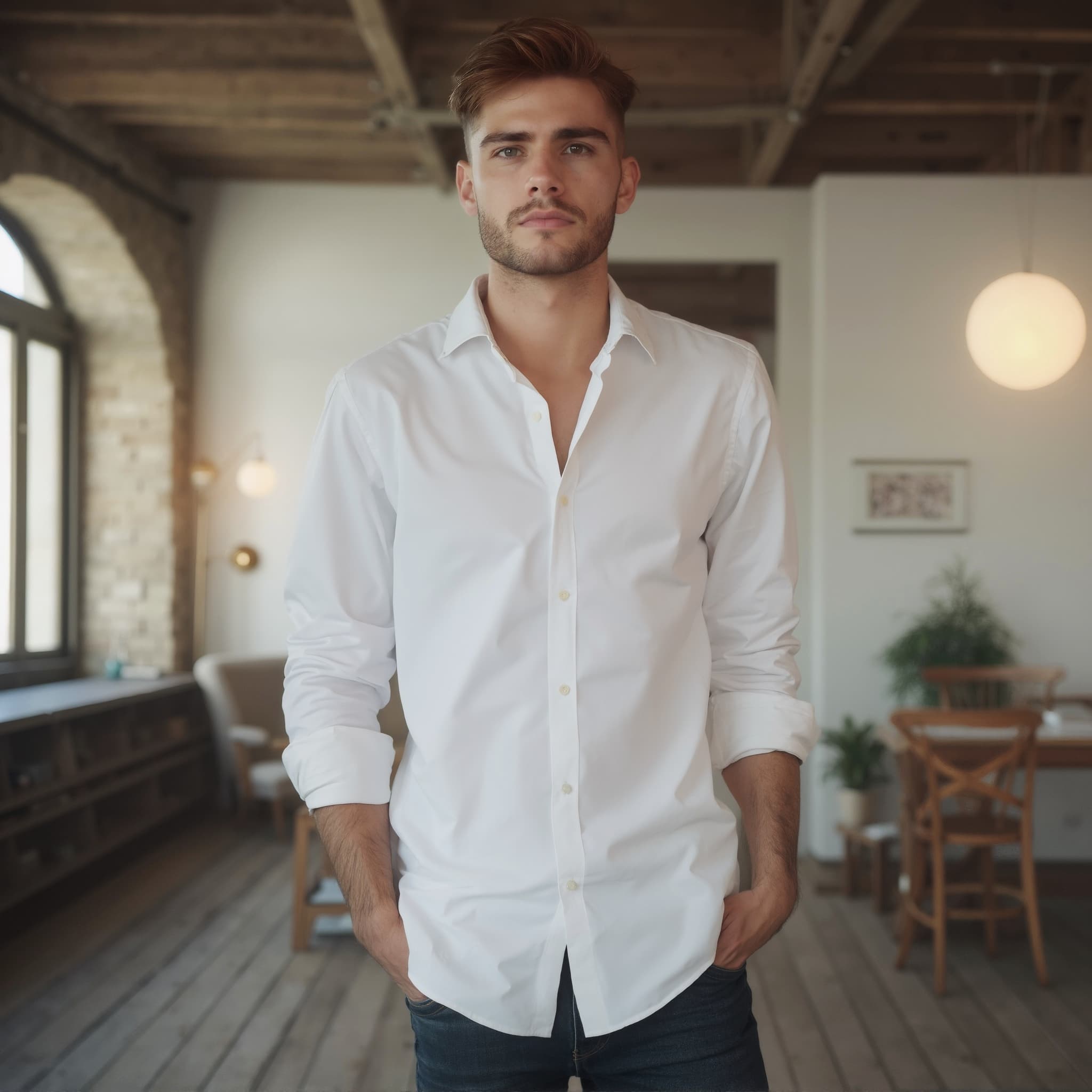 Long sleeve shirt mockup a man stands with hands in pockets living room scene
