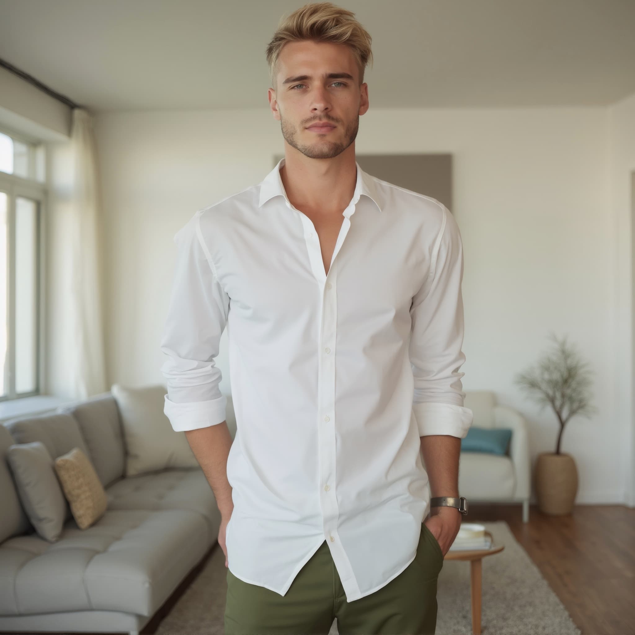 Long sleeve shirt mockup a man stands with hands in pockets living room