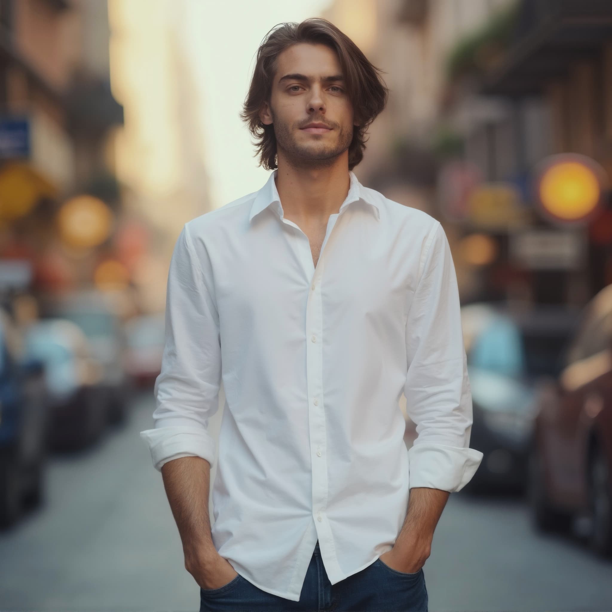 Long sleeve shirt mockup a man stands with hands in pockets on a city street 02