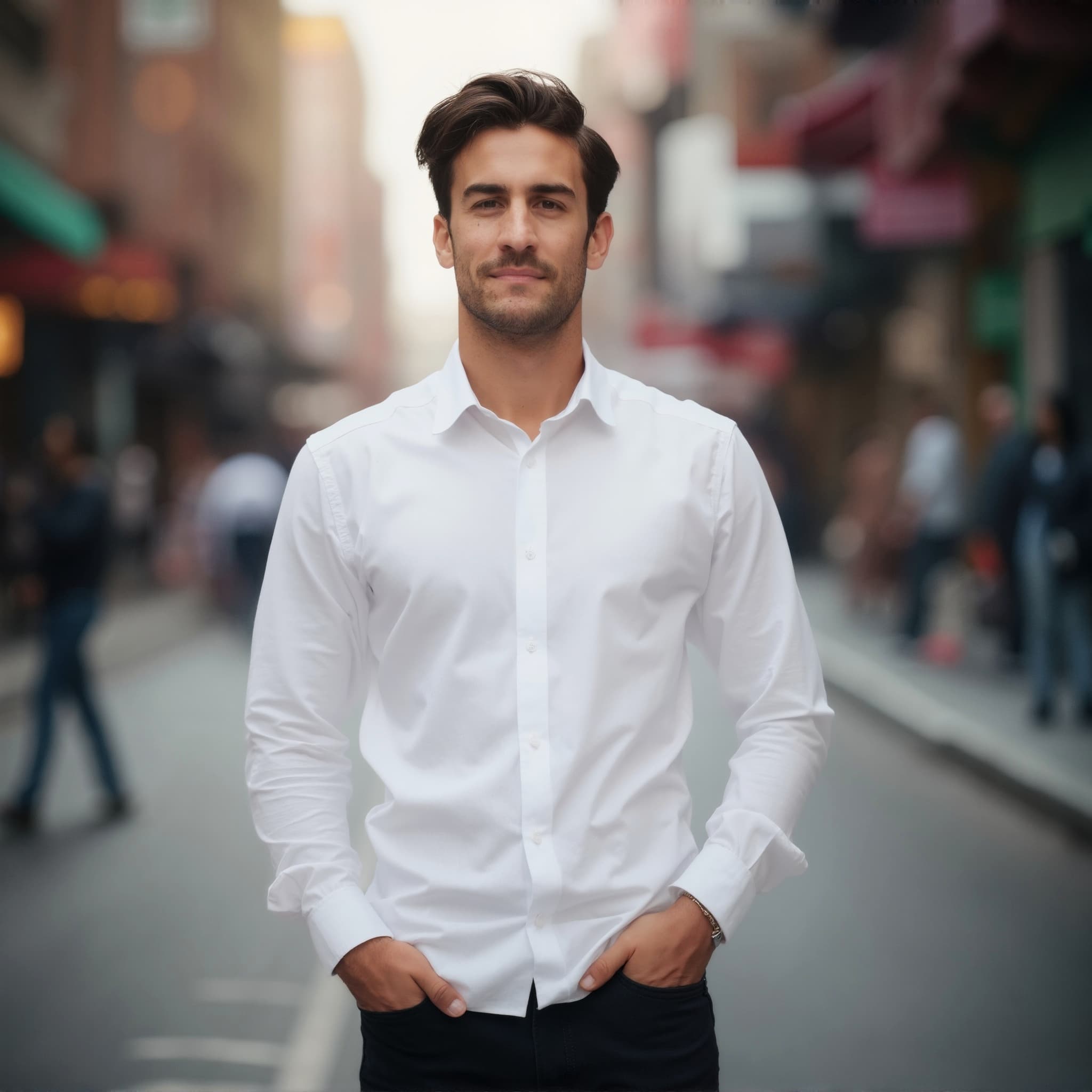 Long sleeve shirt mockup a man stands with hands in pockets on a city street 03