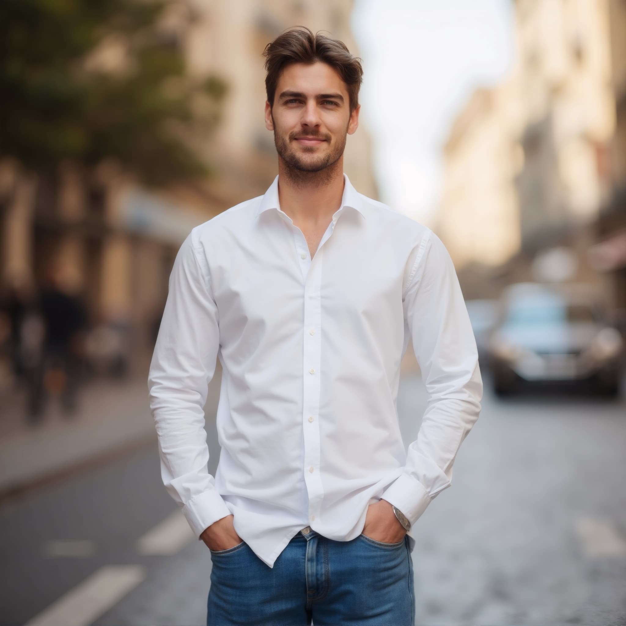 Long sleeve shirt mockup a man stands with hands in pockets on a city street 1