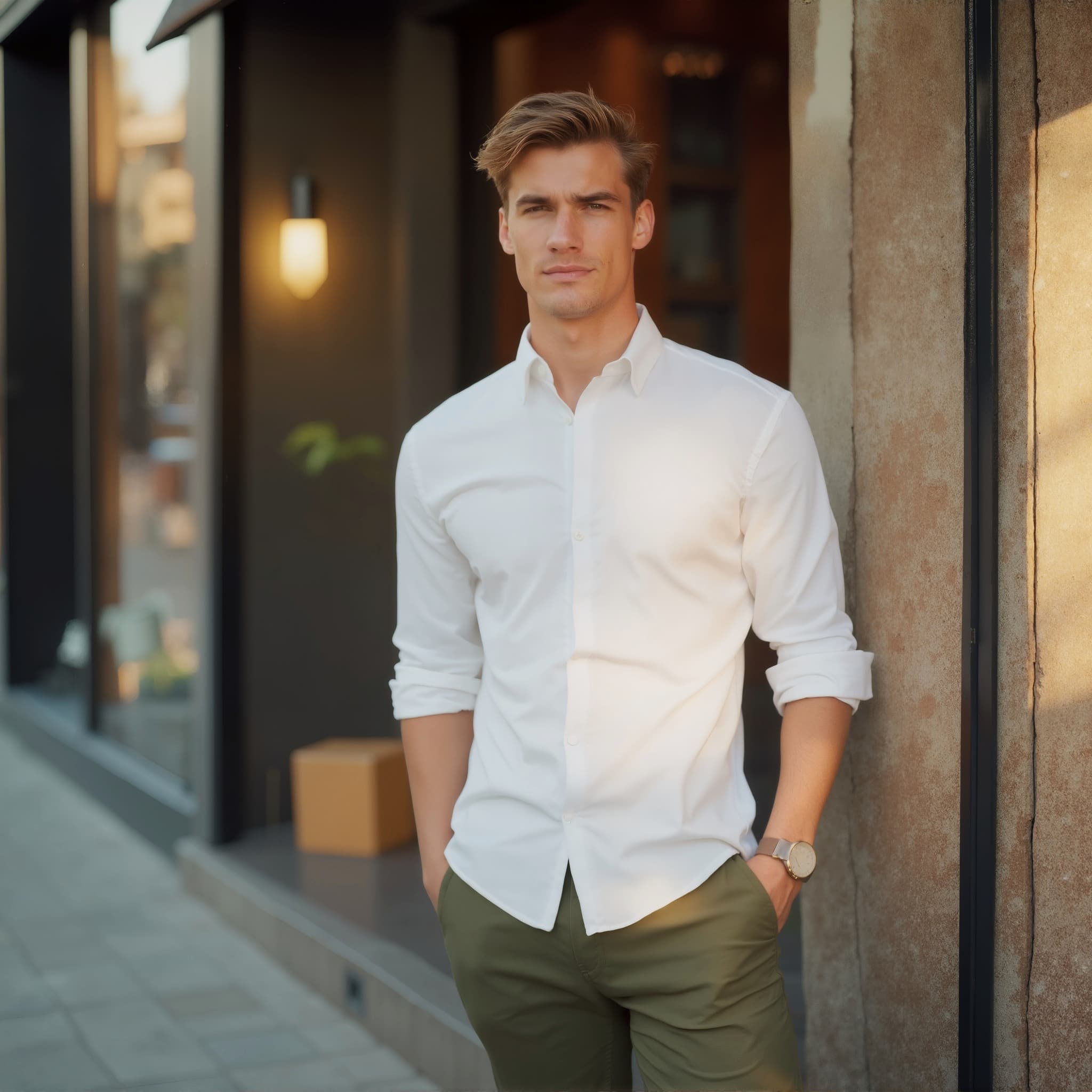 Long sleeve shirt mockup a man stands with hands in pockets on a sidewalk