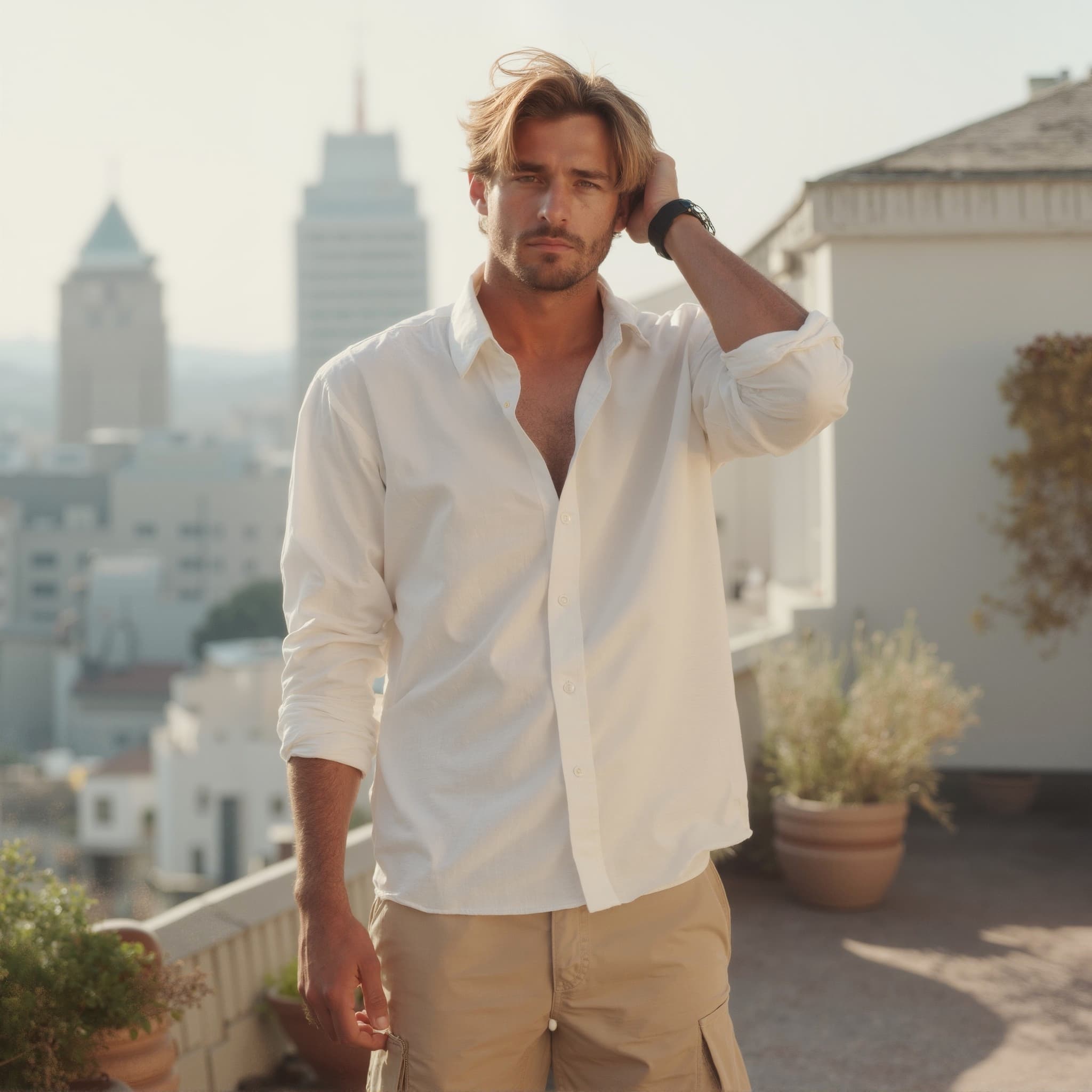 Long sleeve shirt mockup a man runs fingers through hair on a rooftop