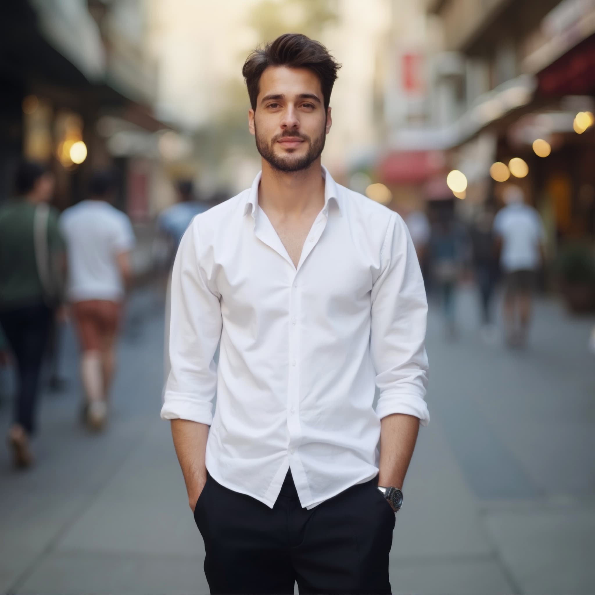 Long sleeve shirt mockup a man stands with hands in pockets on a street 04
