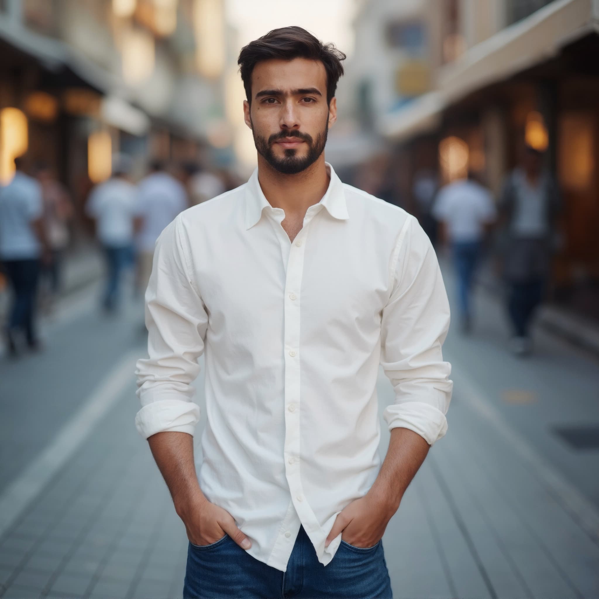 Long sleeve shirt mockup a man stands with hands in pockets on a street 05