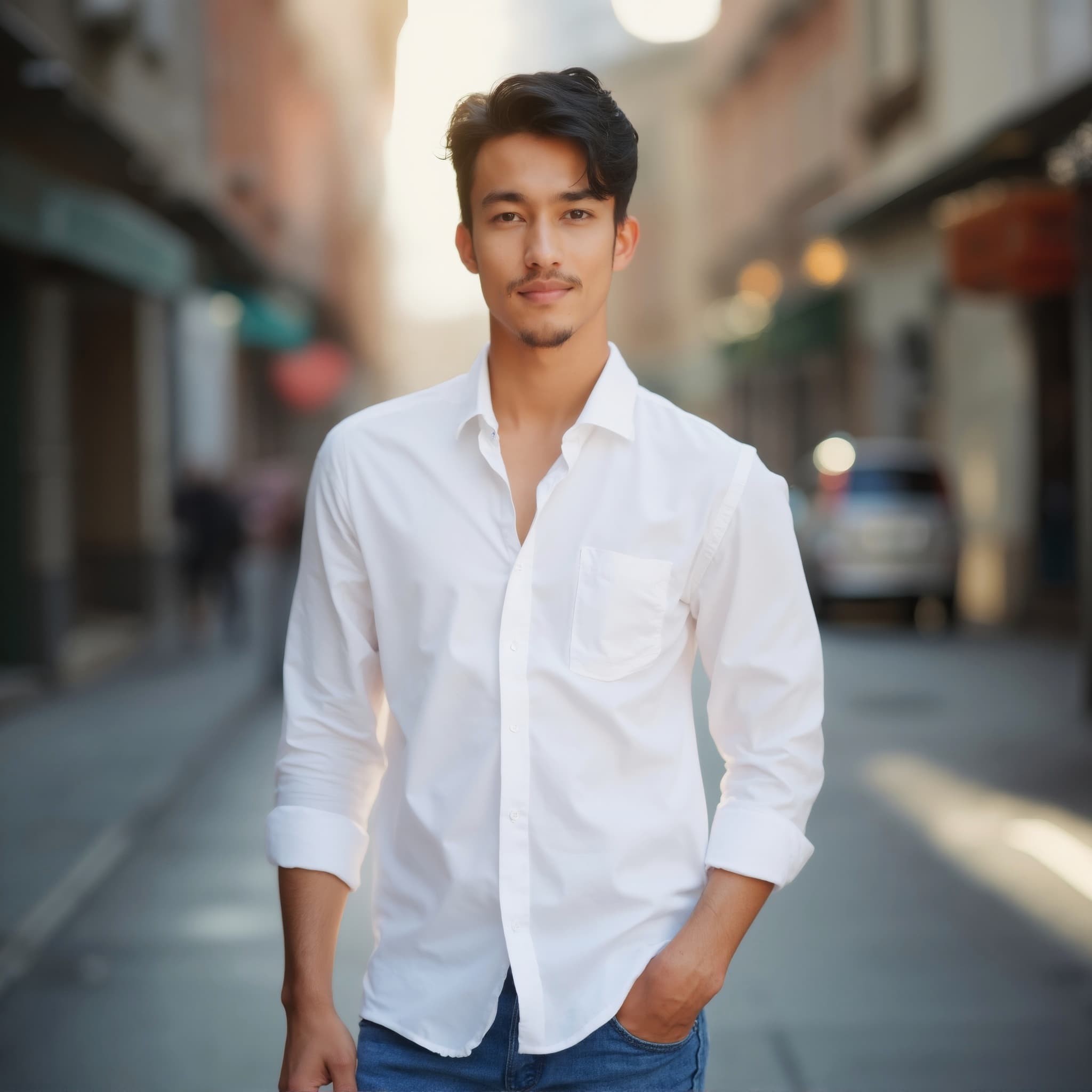 Long sleeve shirt mockup a man stands with hands in pockets on a street 1 01