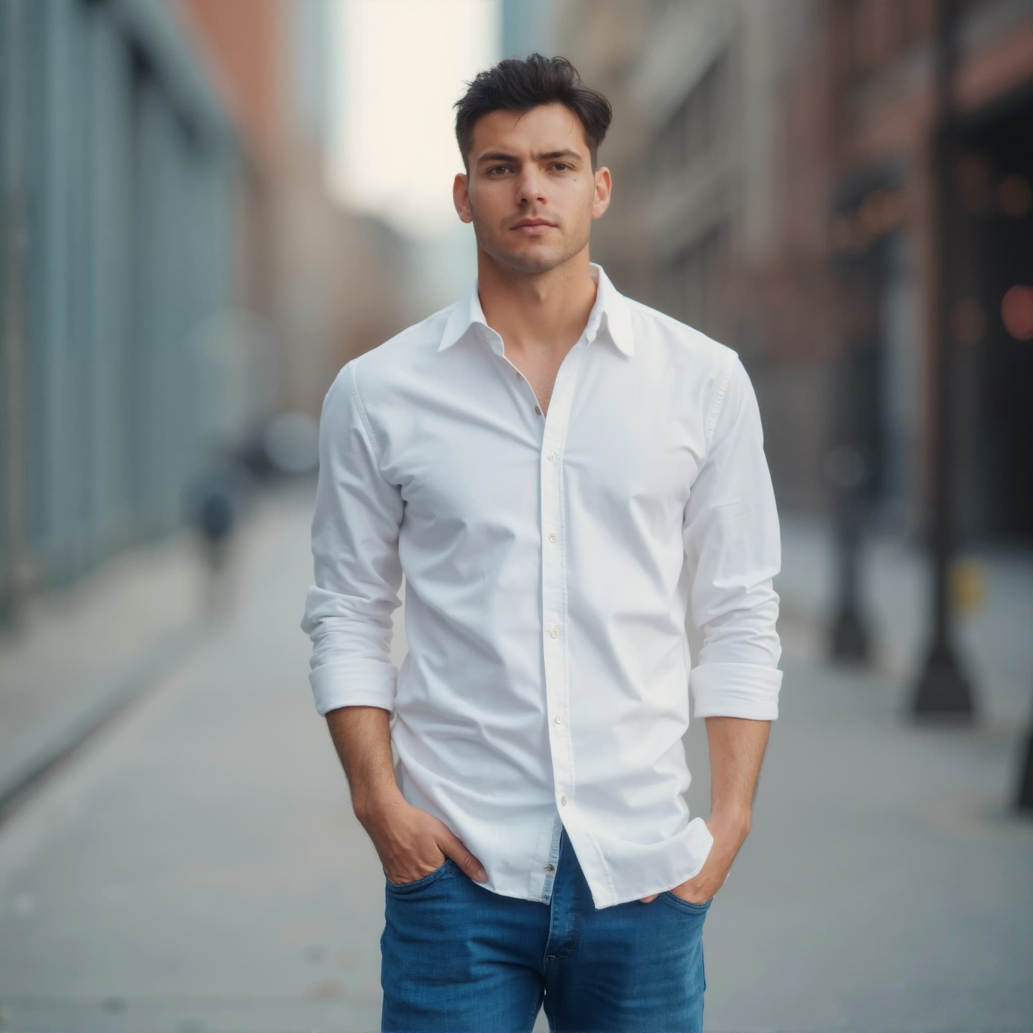 Long sleeve shirt mockup a man stands with hands in pockets on a street 2
