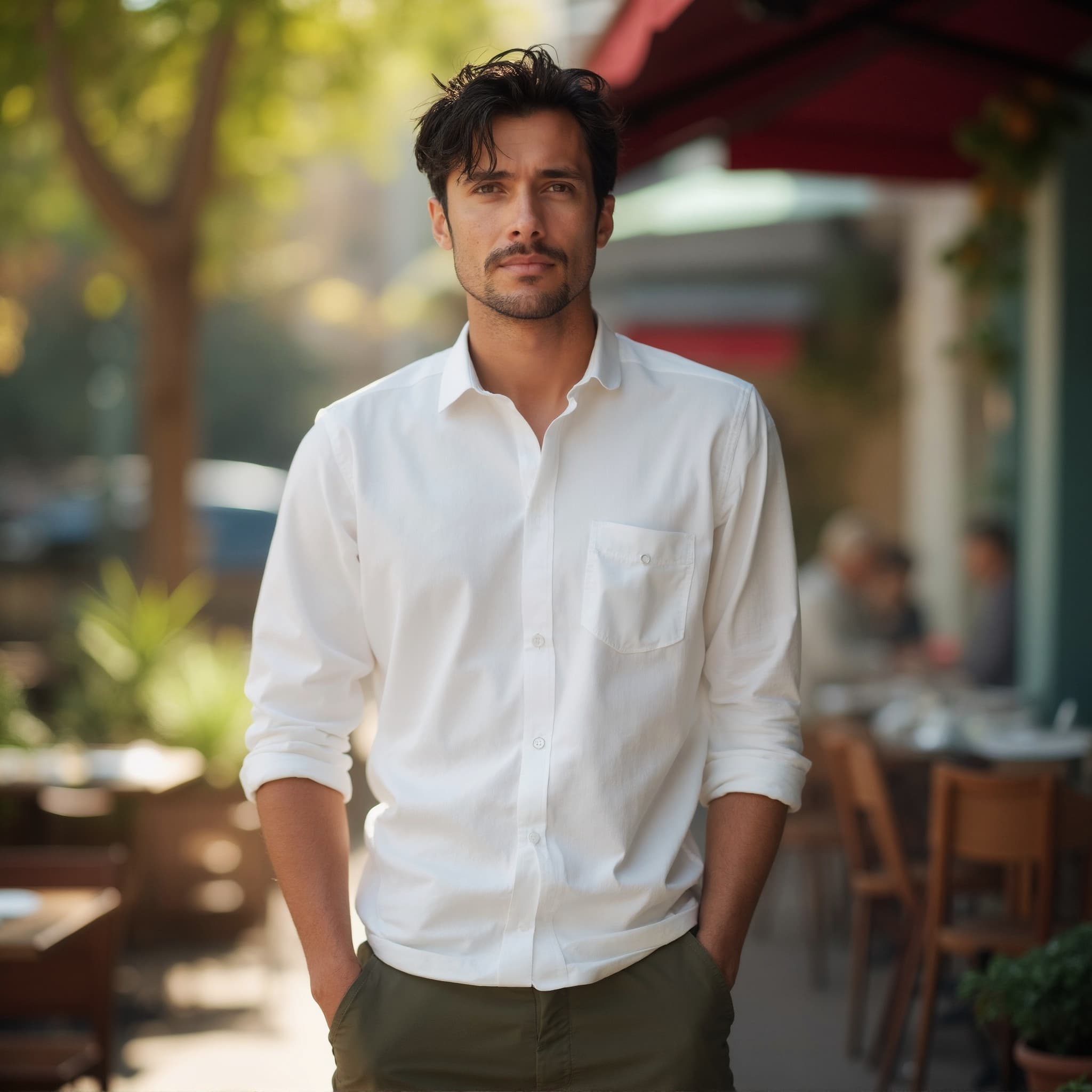 Long sleeve shirt mockup a man stands with hands in pockets outdoor