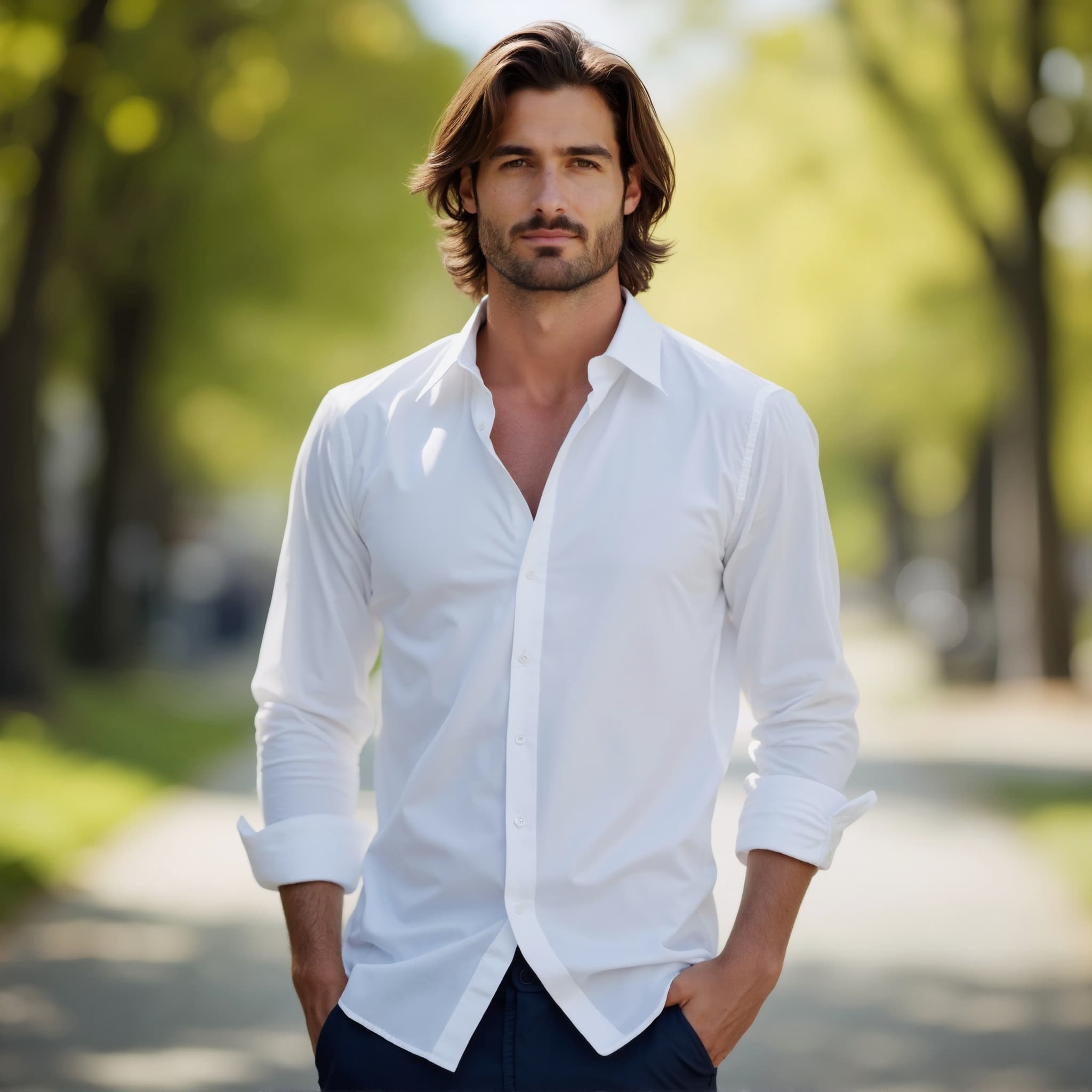 Long sleeve shirt mockup a man stands with hands in pockets park scen