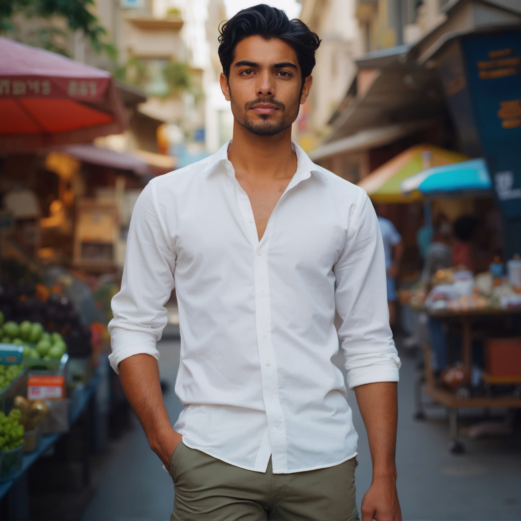 Long sleeve shirt mockup a man stands with one hand in pocket in a market