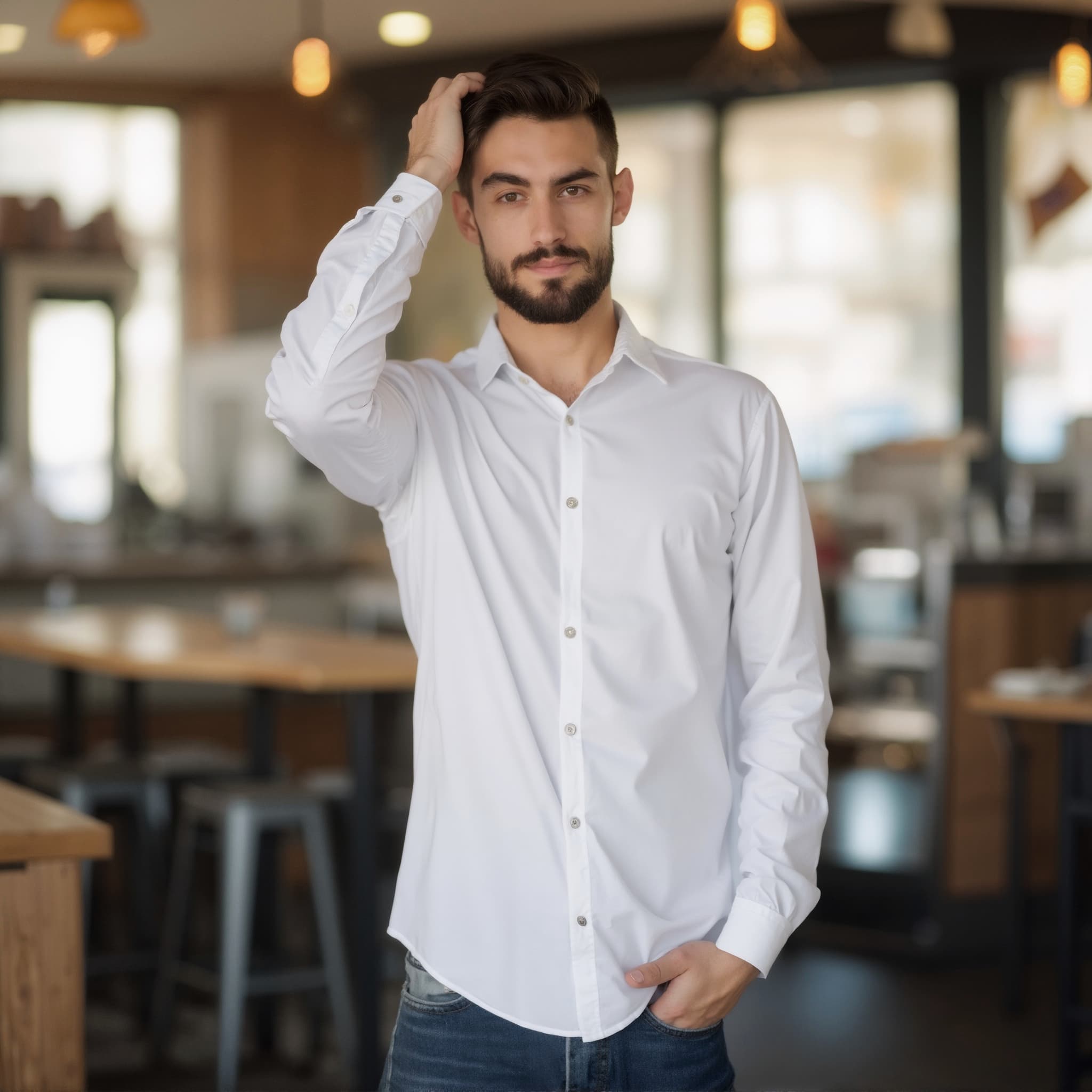 Long sleeve shirt mockup a man touches his hair in a café