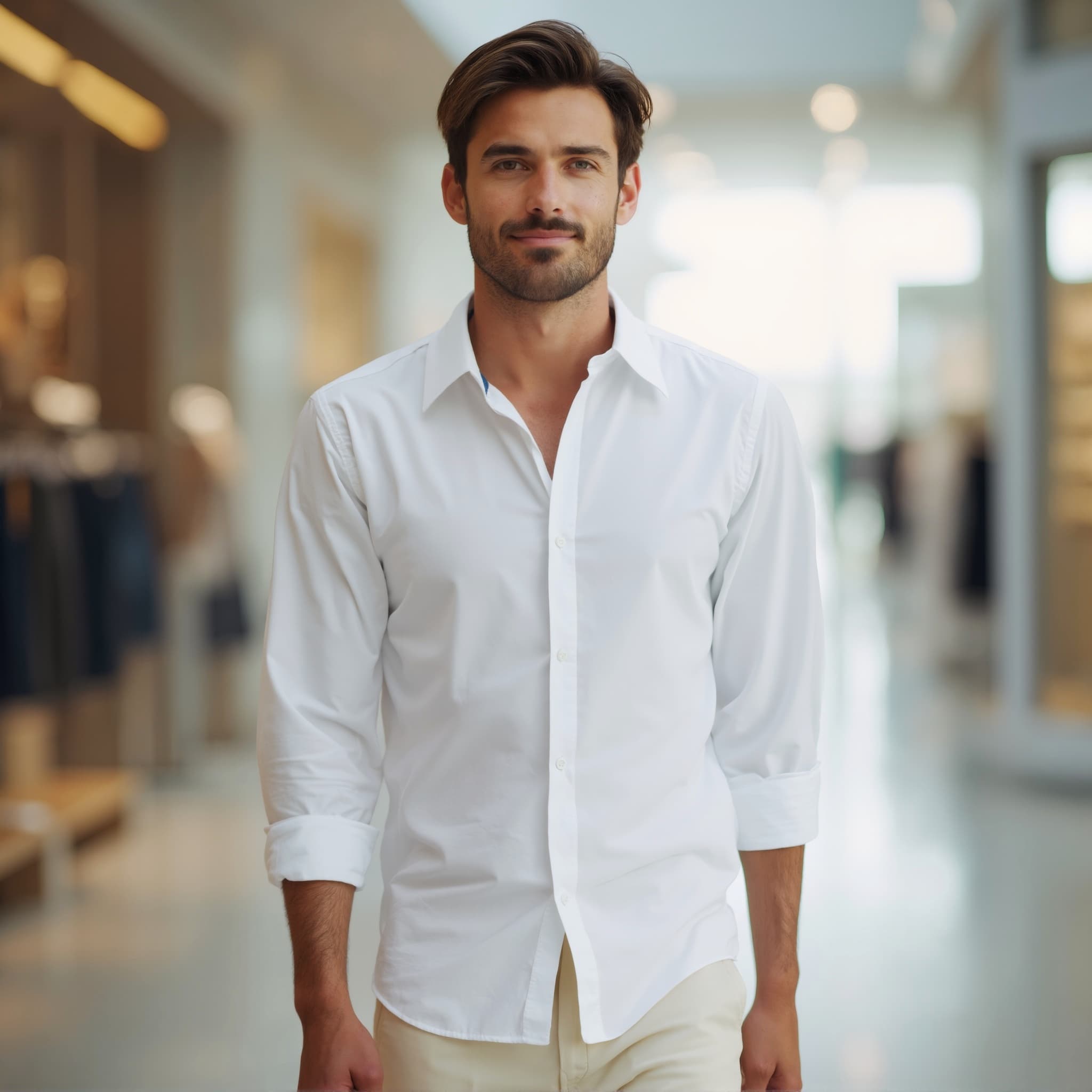Long sleeve shirt mockup a man walks with a confident smile in a mall