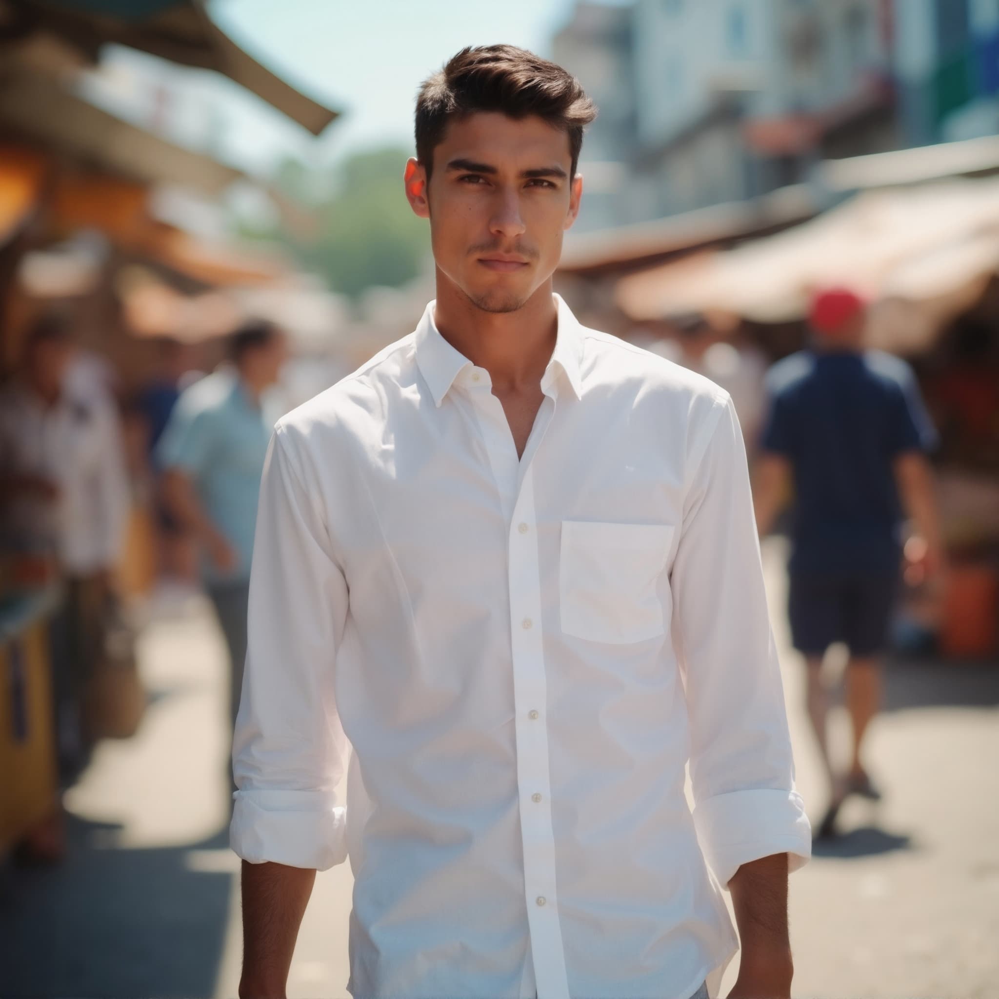 Long sleeve shirt mockup a man walks with focused expression on market street