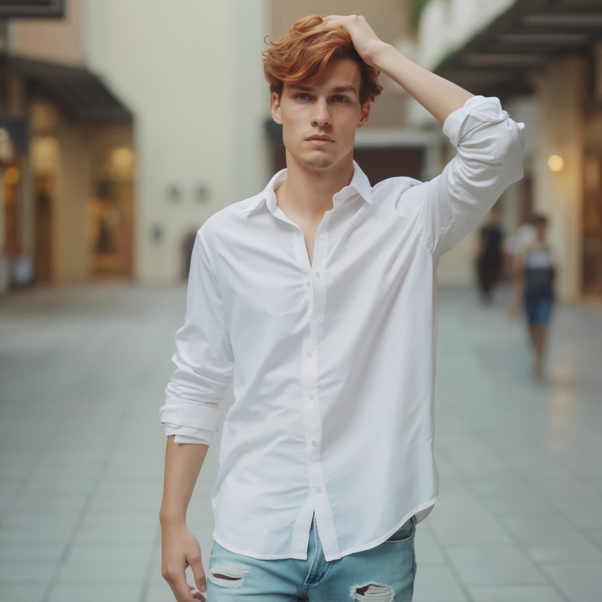 Long sleeve shirt mockup a young man looks concerned in a shopping area