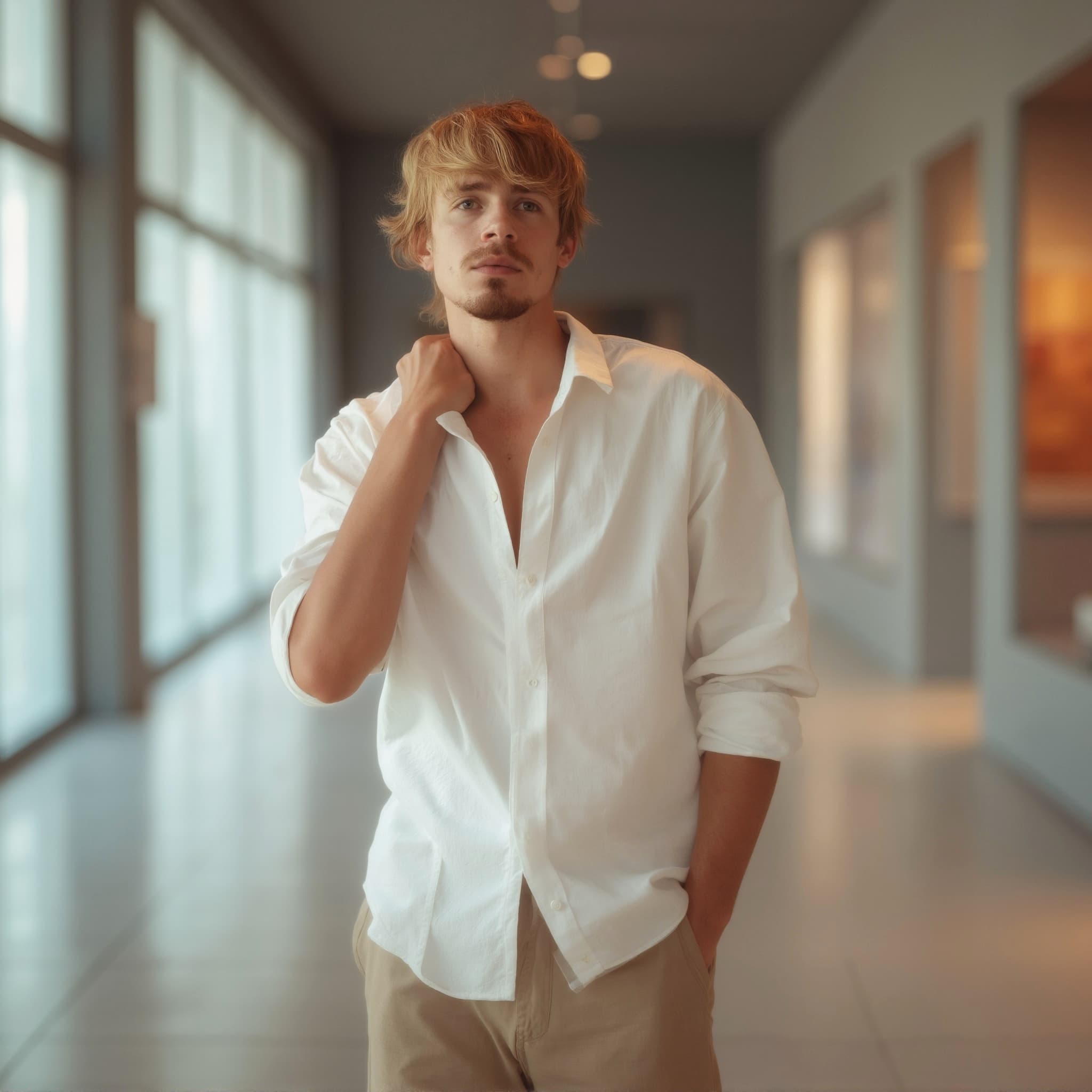 Long sleeve shirt mockup a young man touches his neck in a gallery