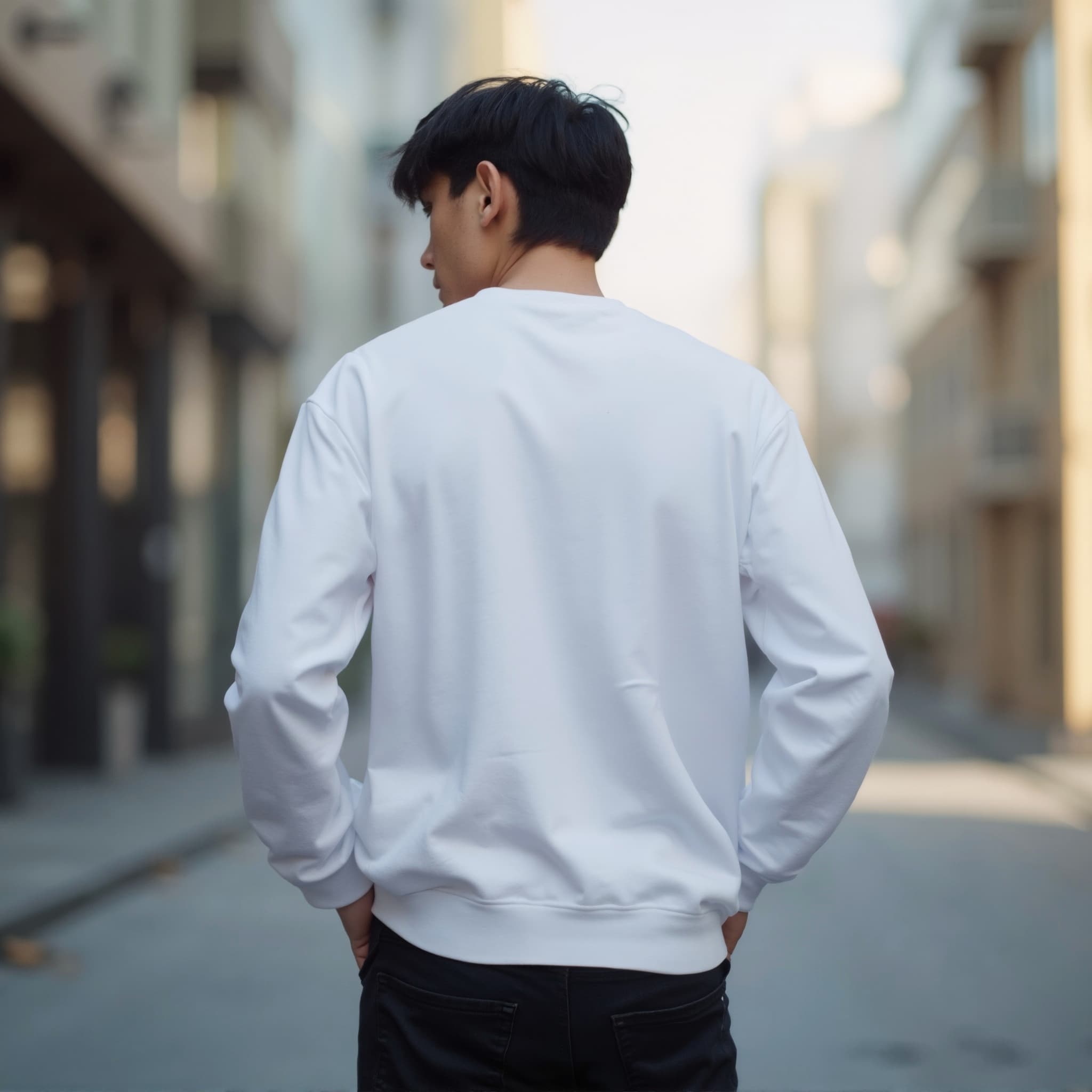 Back-View long sleeve sweatshirt mockup a boy stands with hands in pockets on a street