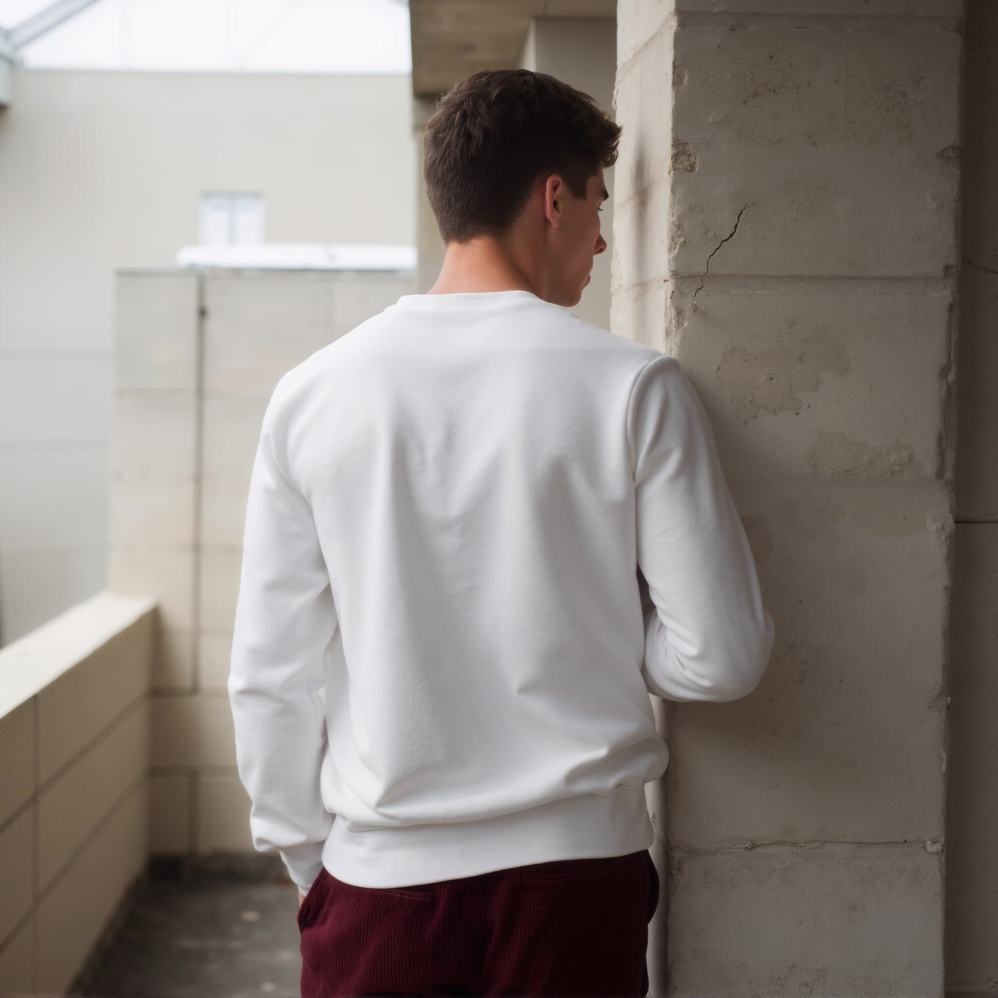 Back-View long sleeve sweatshirt mockup a man stands with arms relaxed on a balcony