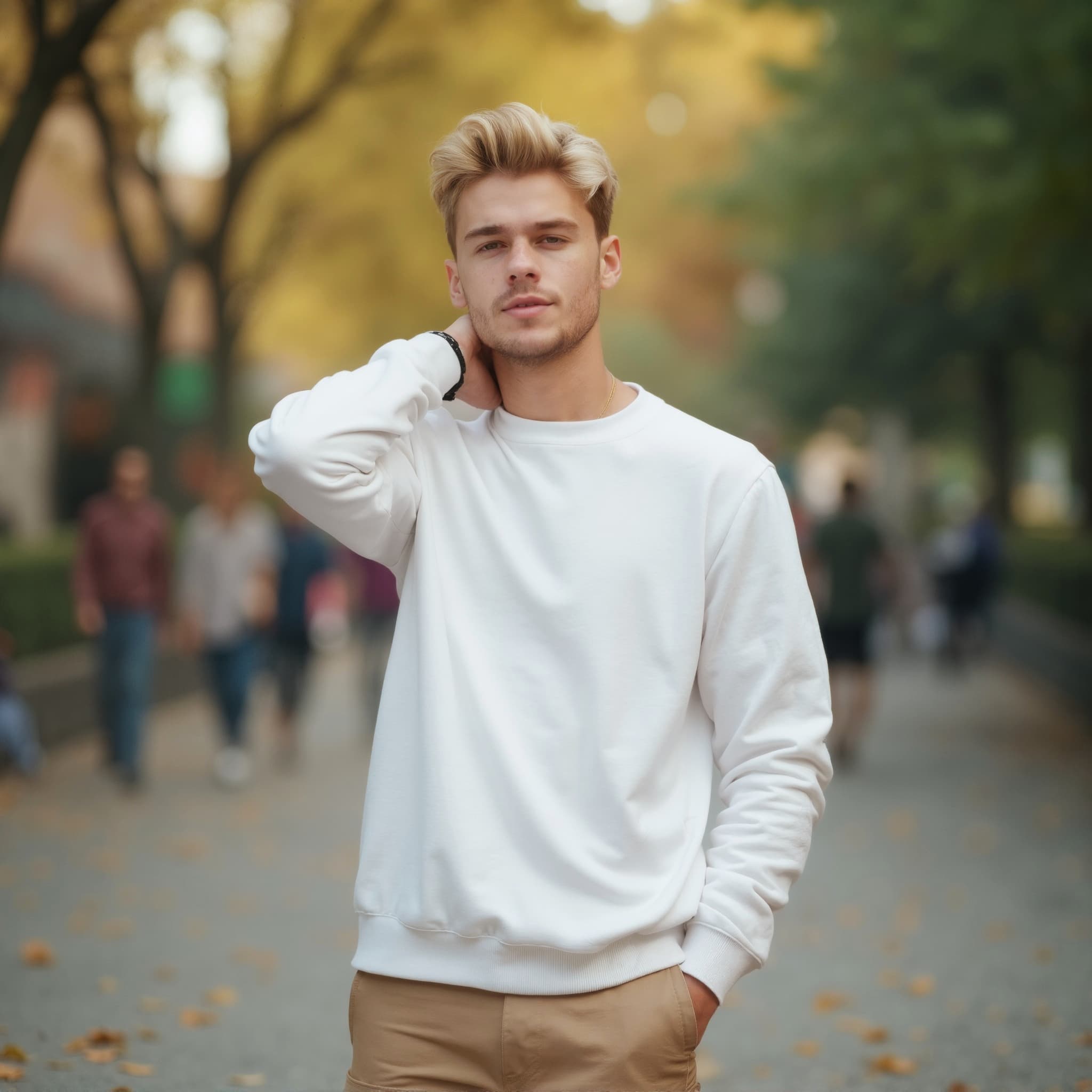 Long sleeve sweatshirt mockup a man stands with hand on neck in a park