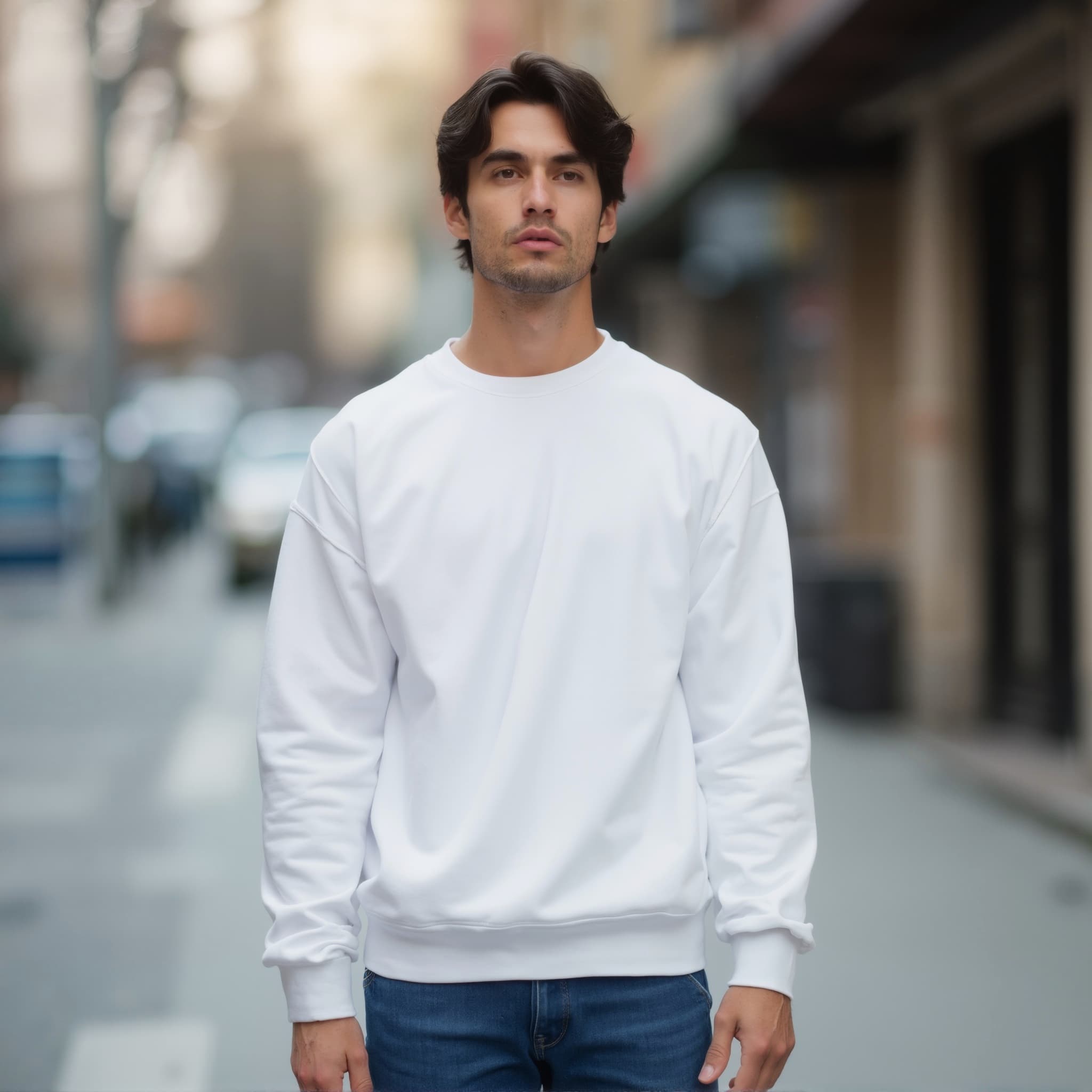 Long sleeve sweatshirt mockup a man stands with hands at sides in a city street