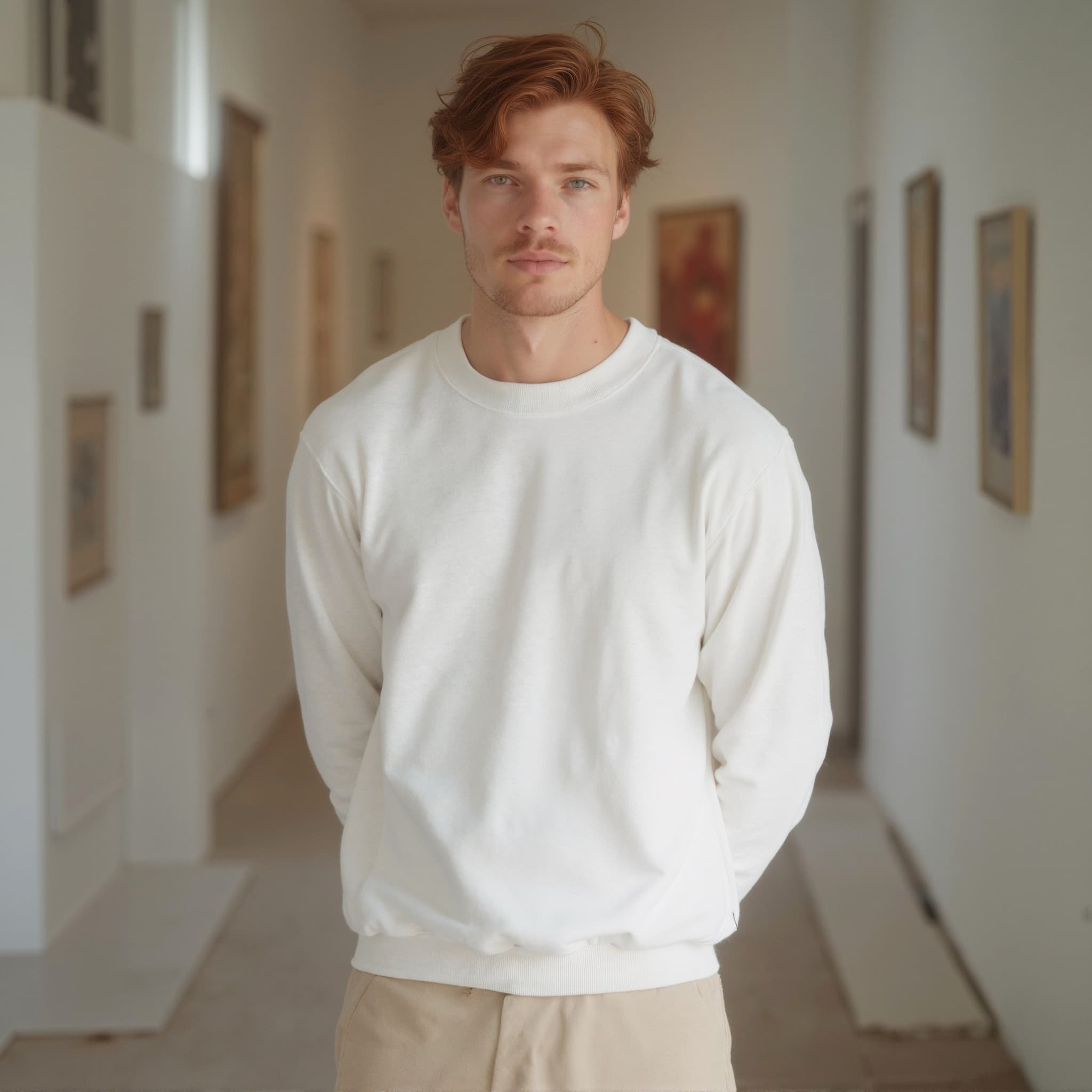 Long sleeve sweatshirt mockup a man stands with hands behind back in a gallery