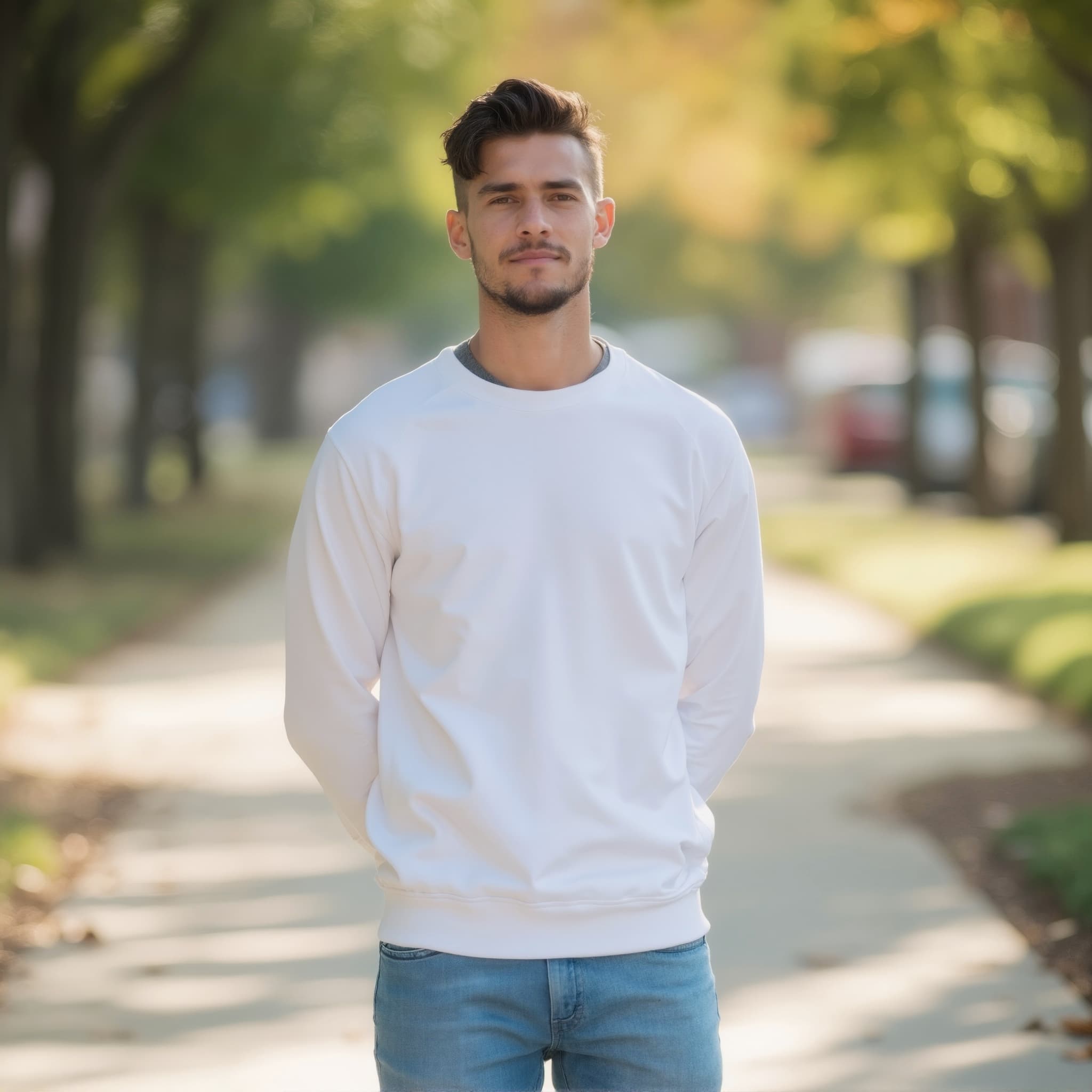 Long sleeve sweatshirt mockup a man stands with hands behind back in a park
