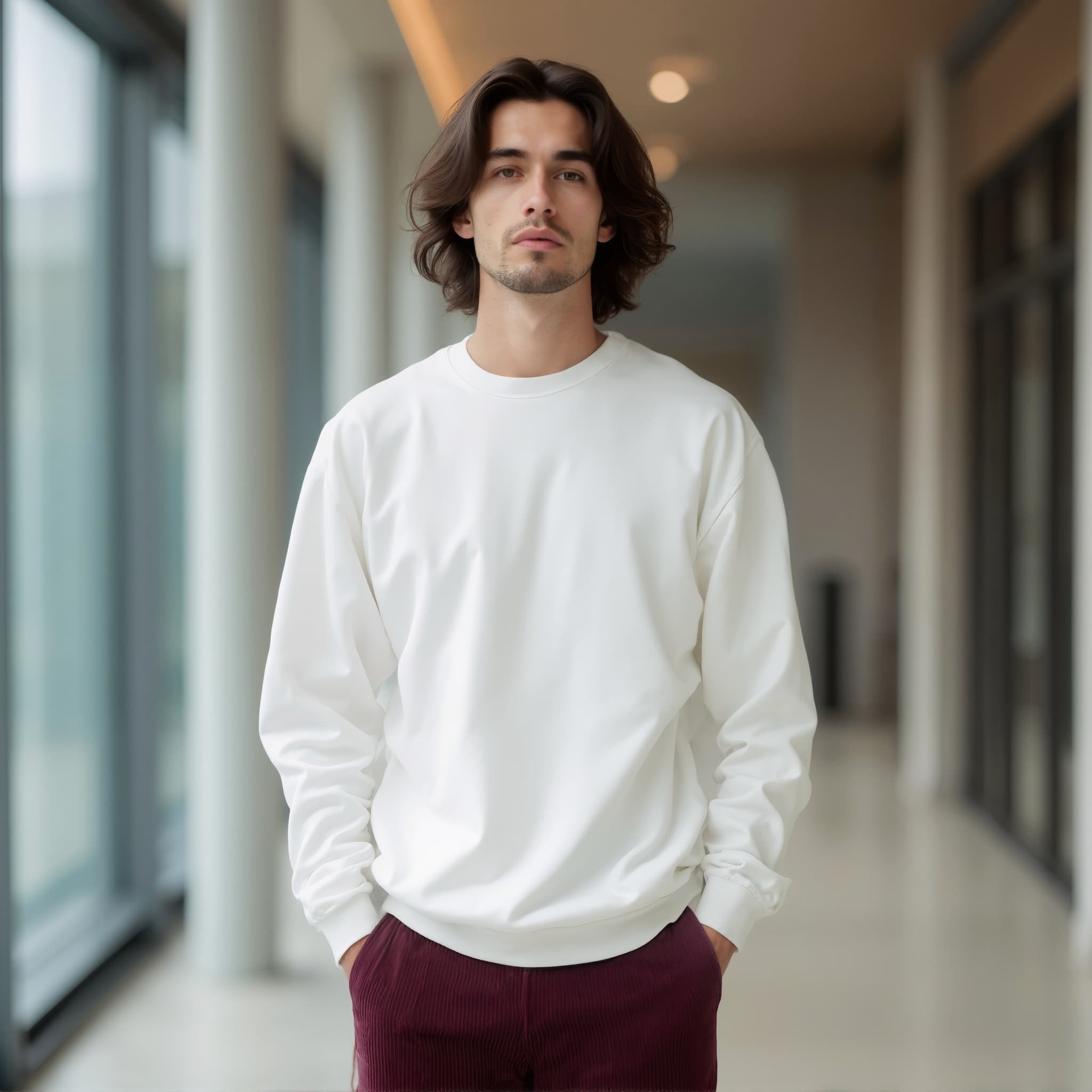 Long sleeve sweatshirt mockup a man stands with hands in pockets and long hair in a hallway
