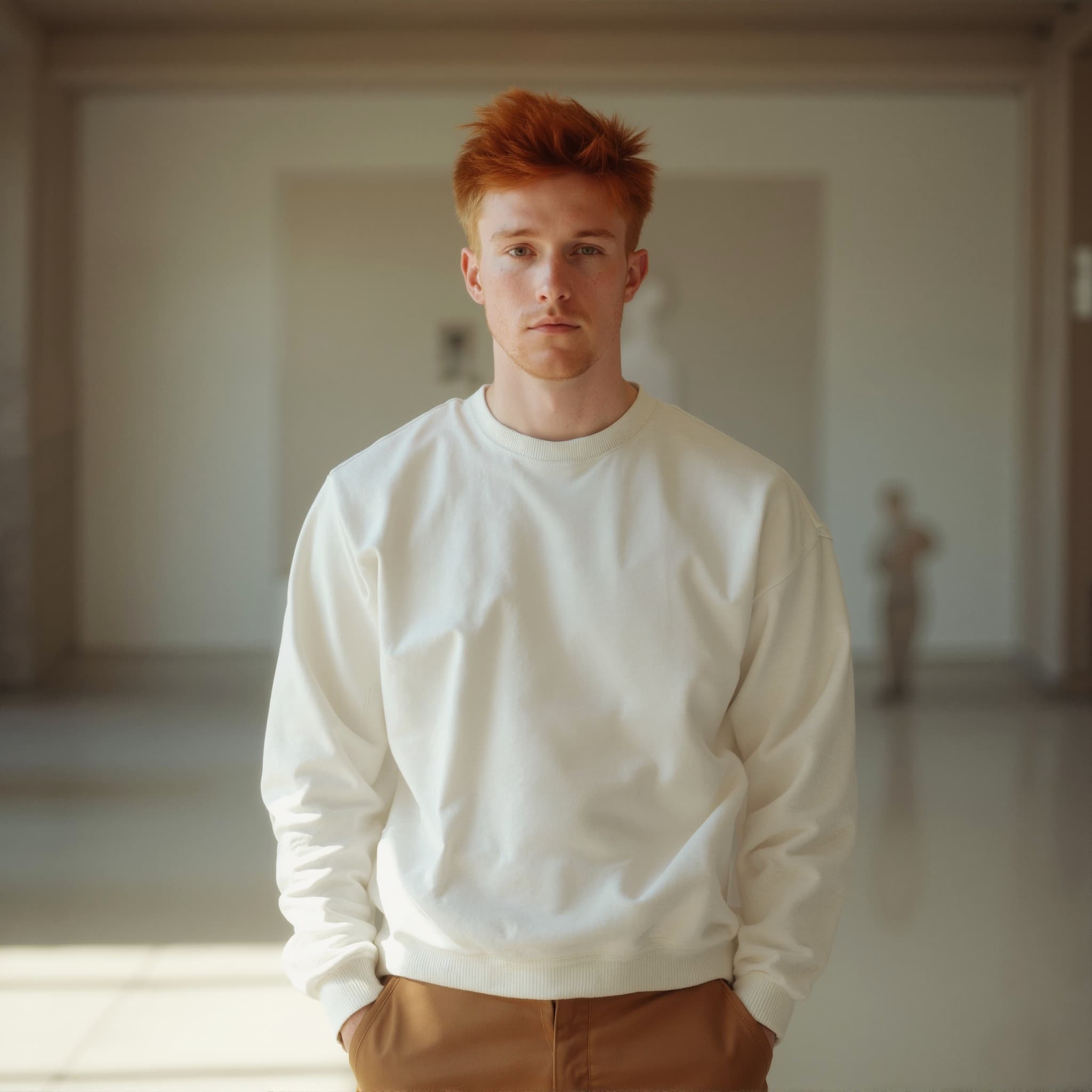 Long sleeve sweatshirt mockup a man stands with hands in pockets art galler 1