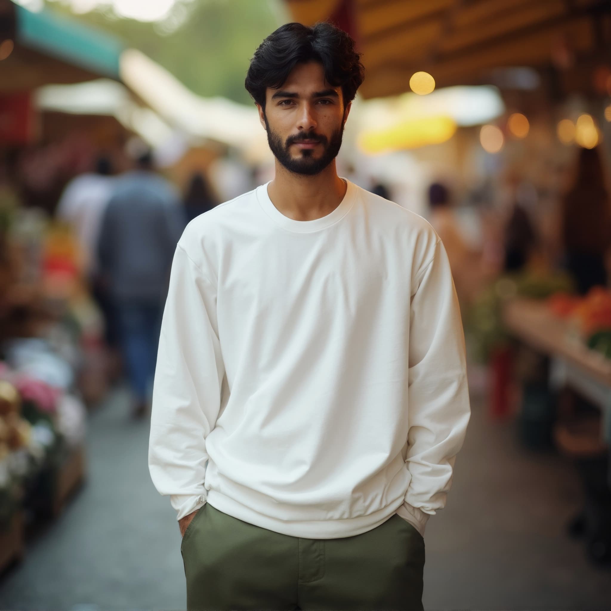 Long sleeve sweatshirt mockup a man stands with hands in pockets at a marke